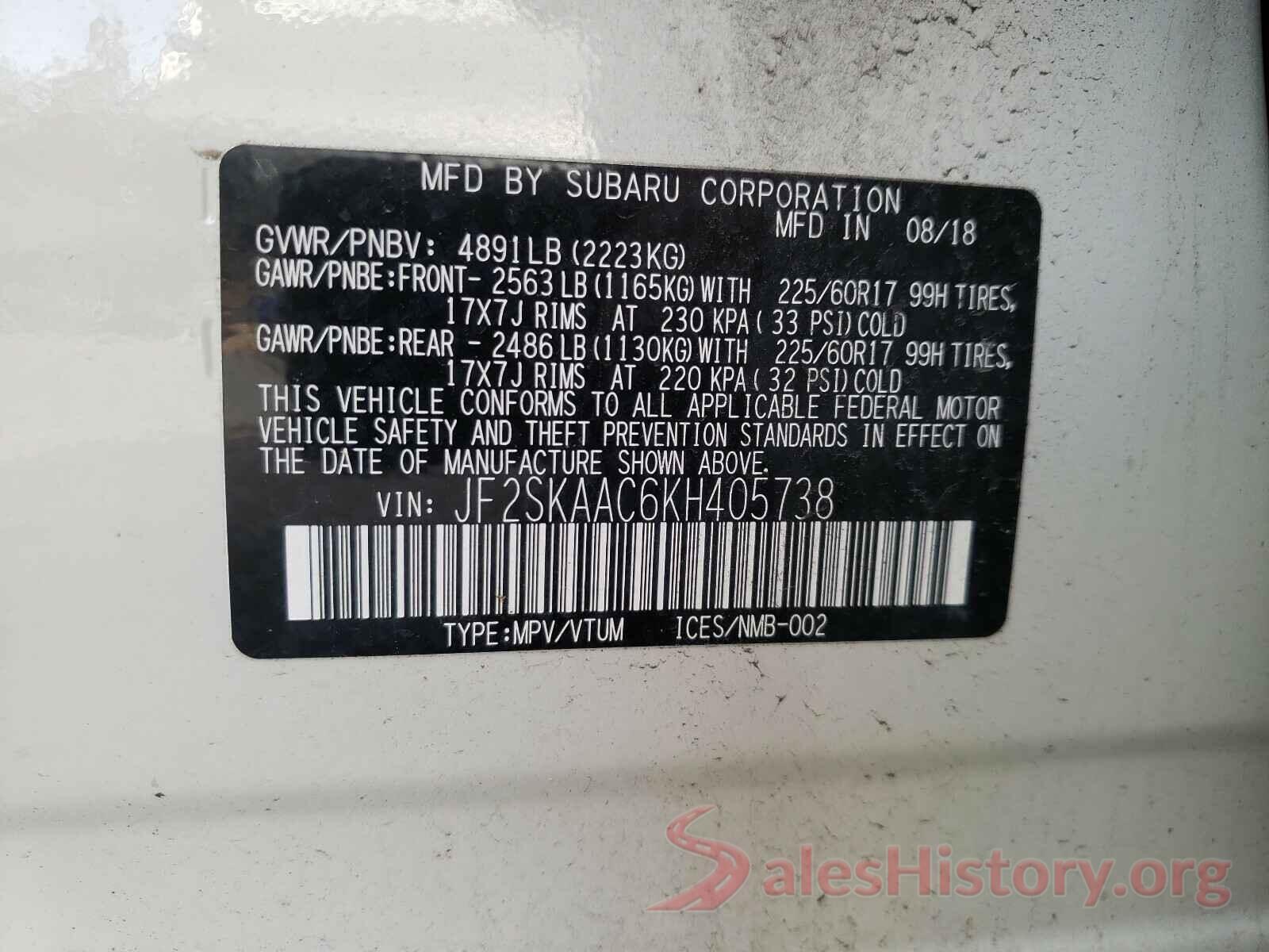 JF2SKAAC6KH405738 2019 SUBARU FORESTER