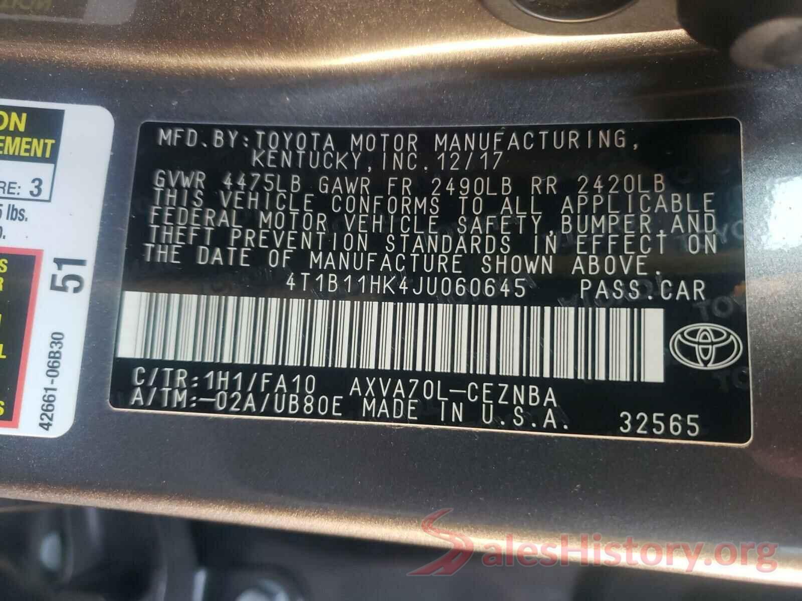 4T1B11HK4JU060645 2018 TOYOTA CAMRY