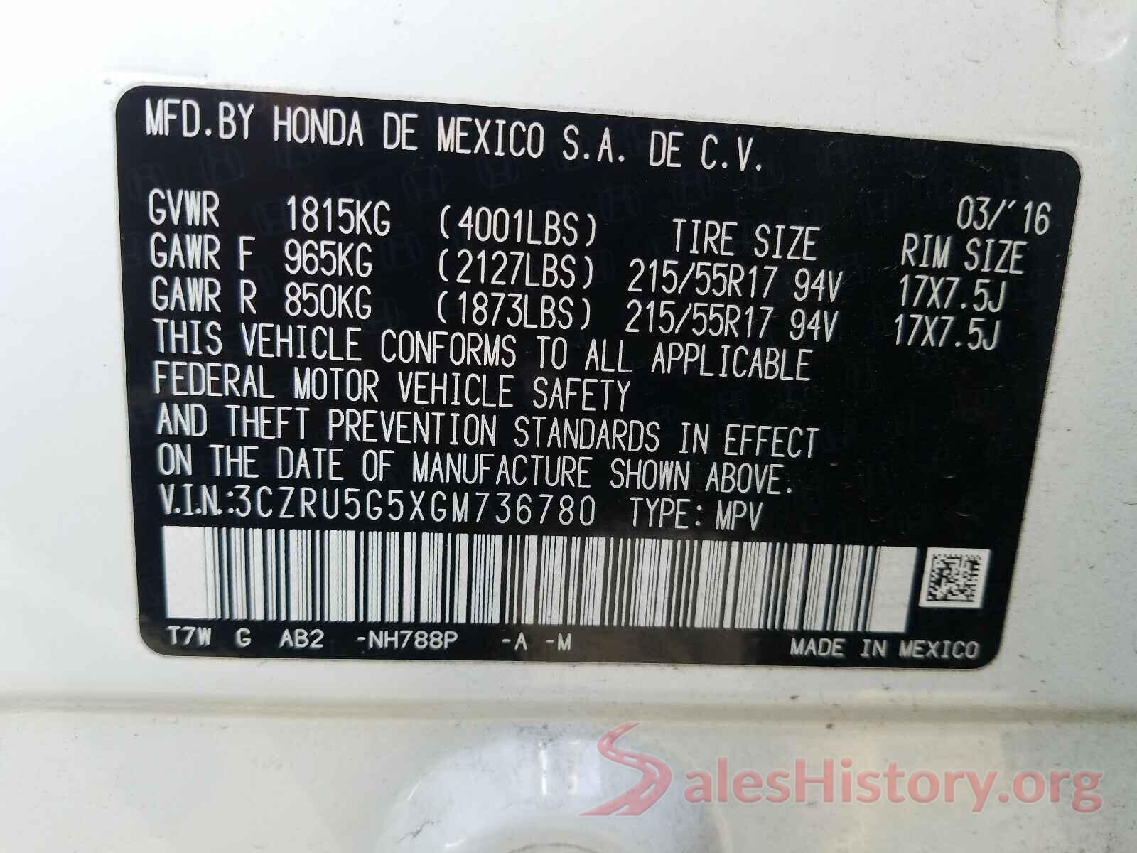 3CZRU5G5XGM736780 2016 HONDA HR-V