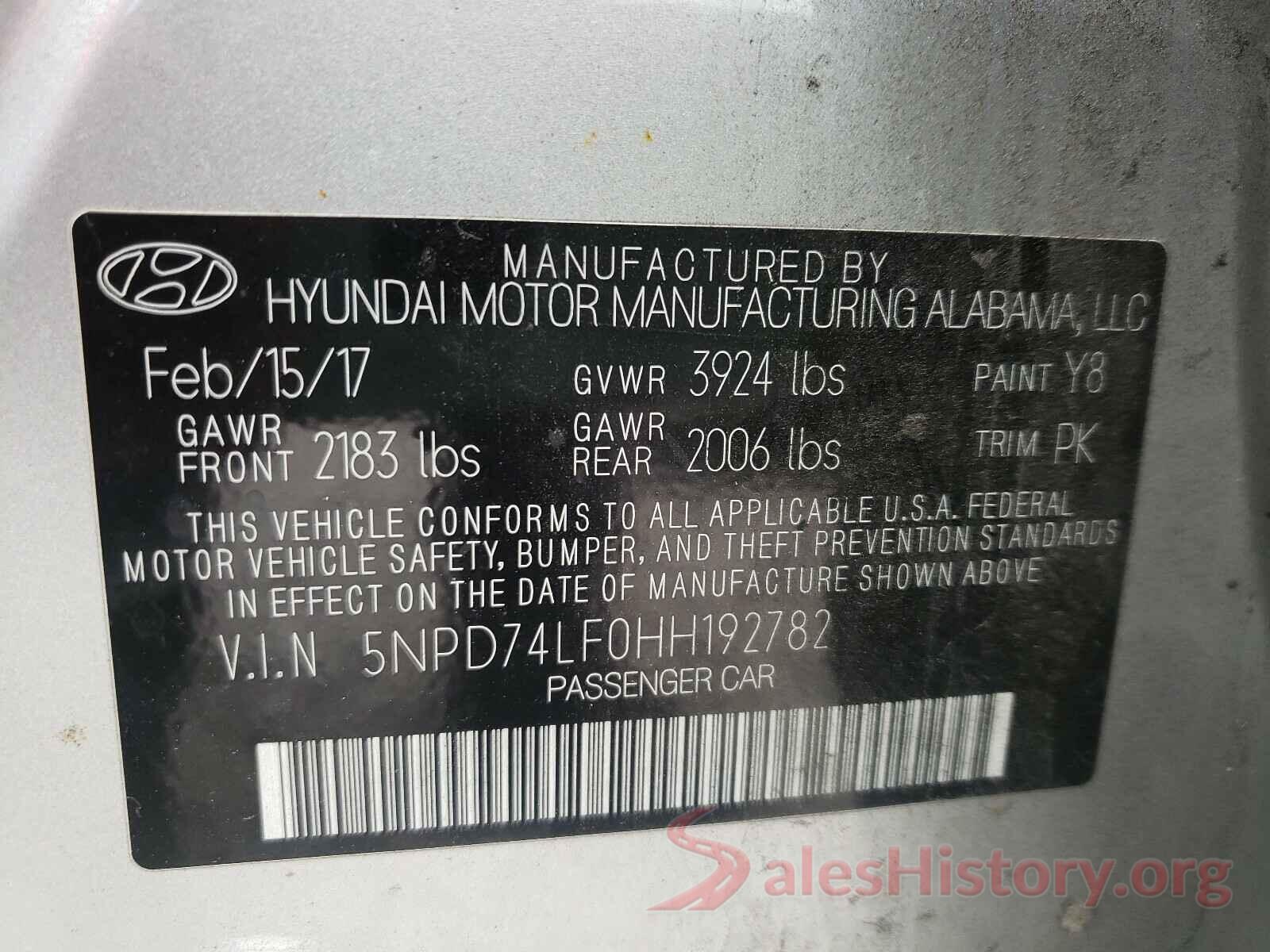 5NPD74LF0HH192782 2017 HYUNDAI ELANTRA