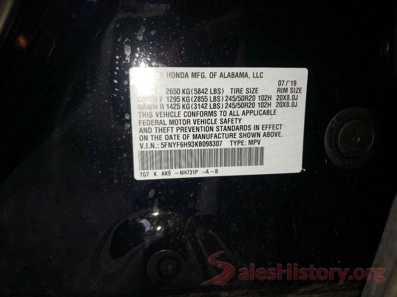 5FNYF6H93KB098307 2019 HONDA PILOT