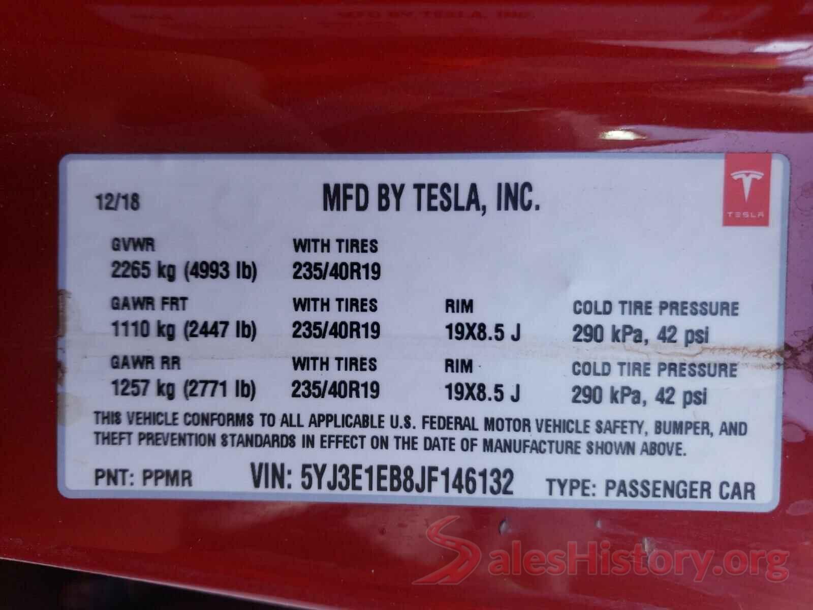 5YJ3E1EB8JF146132 2018 TESLA MODEL 3