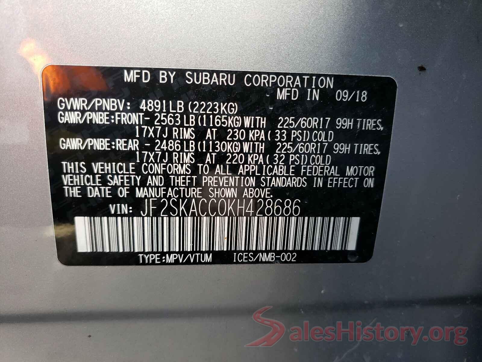 JF2SKACC0KH428686 2019 SUBARU FORESTER