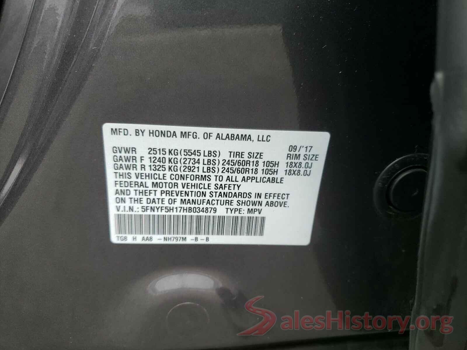 5FNYF5H17HB034879 2017 HONDA PILOT