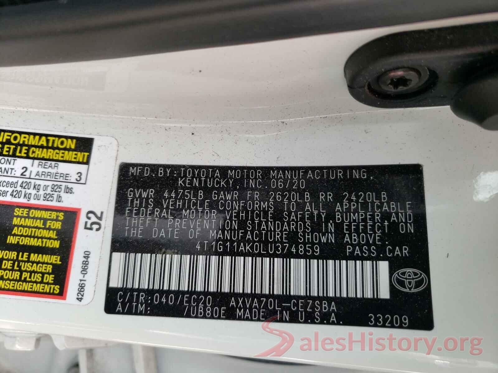 4T1G11AK0LU374859 2020 TOYOTA CAMRY