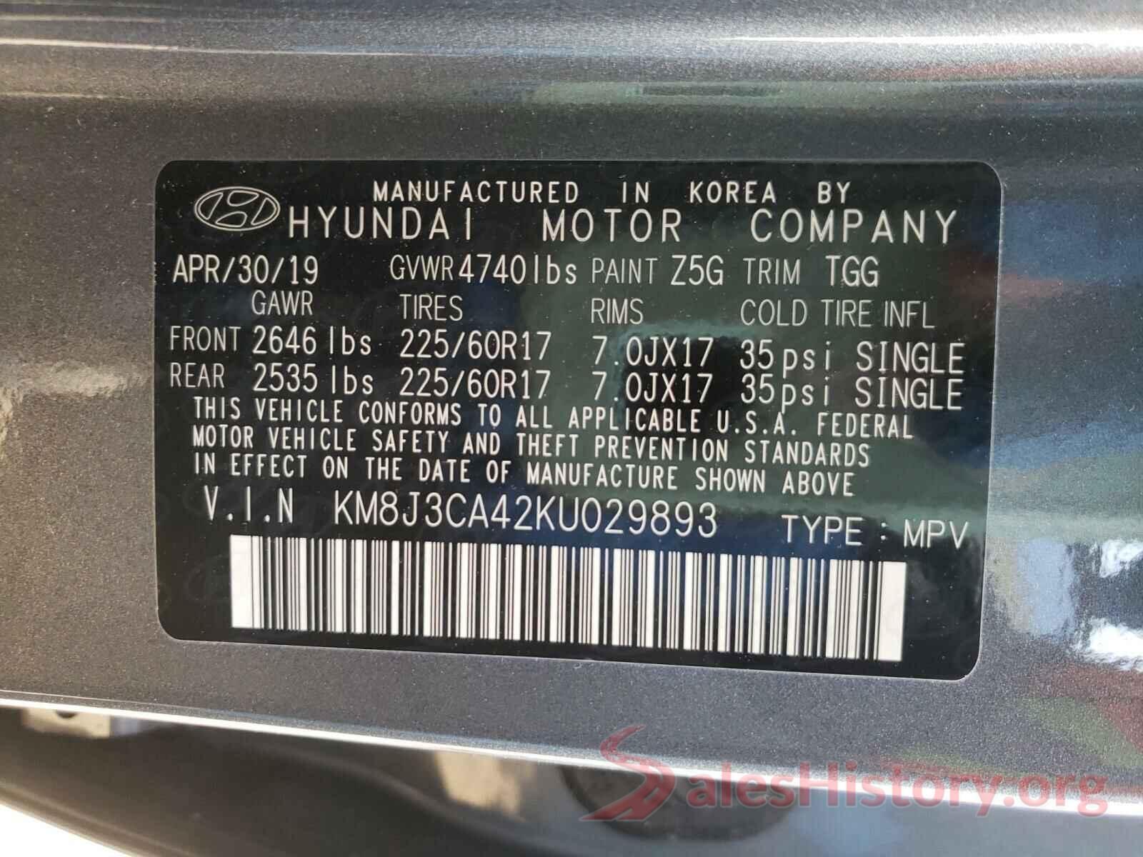 KM8J3CA42KU029893 2019 HYUNDAI TUCSON