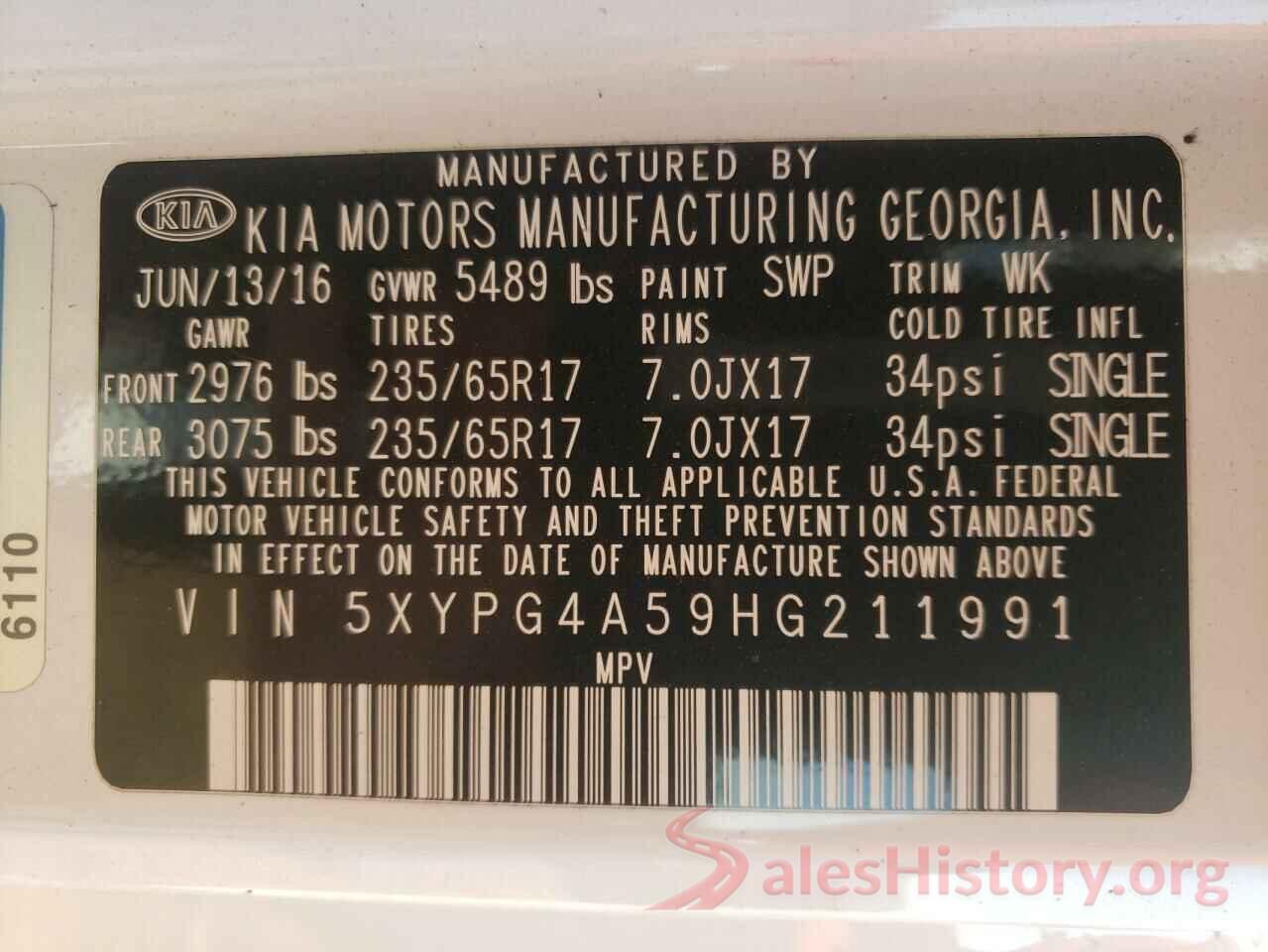 5XYPG4A59HG211991 2017 KIA SORENTO