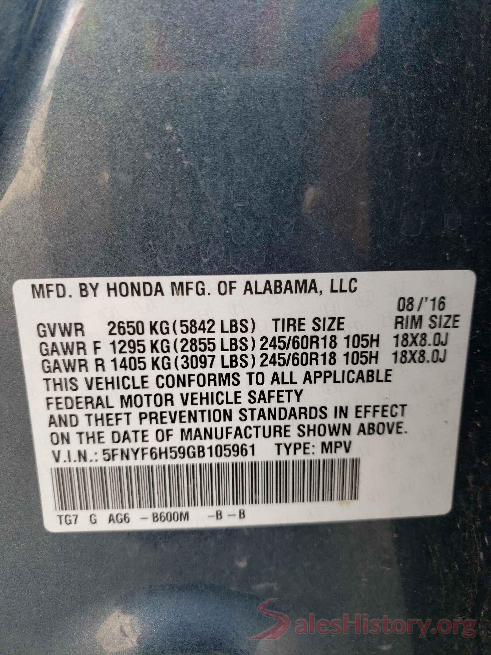 5FNYF6H59GB105961 2016 HONDA PILOT