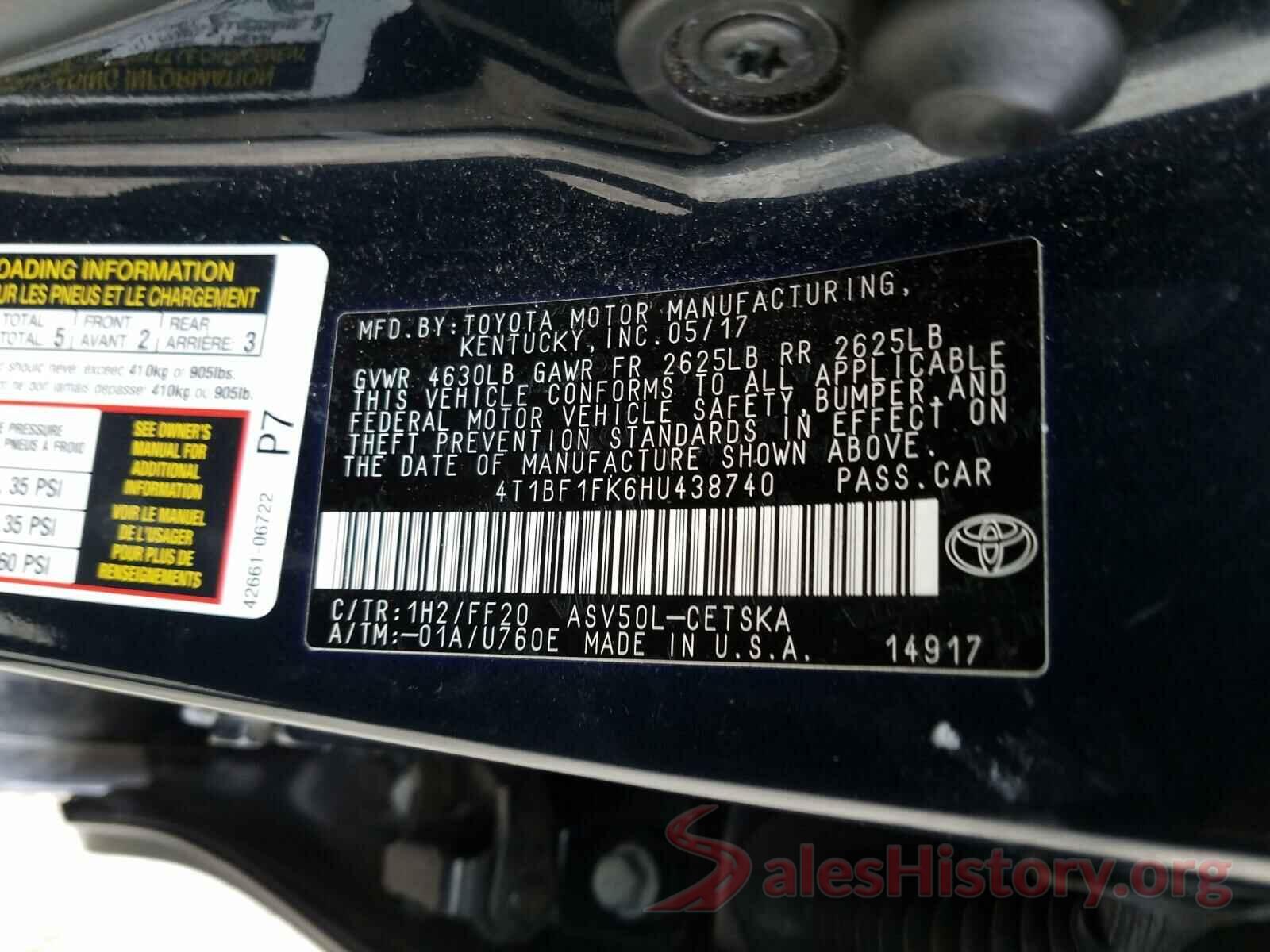 4T1BF1FK6HU438740 2017 TOYOTA CAMRY