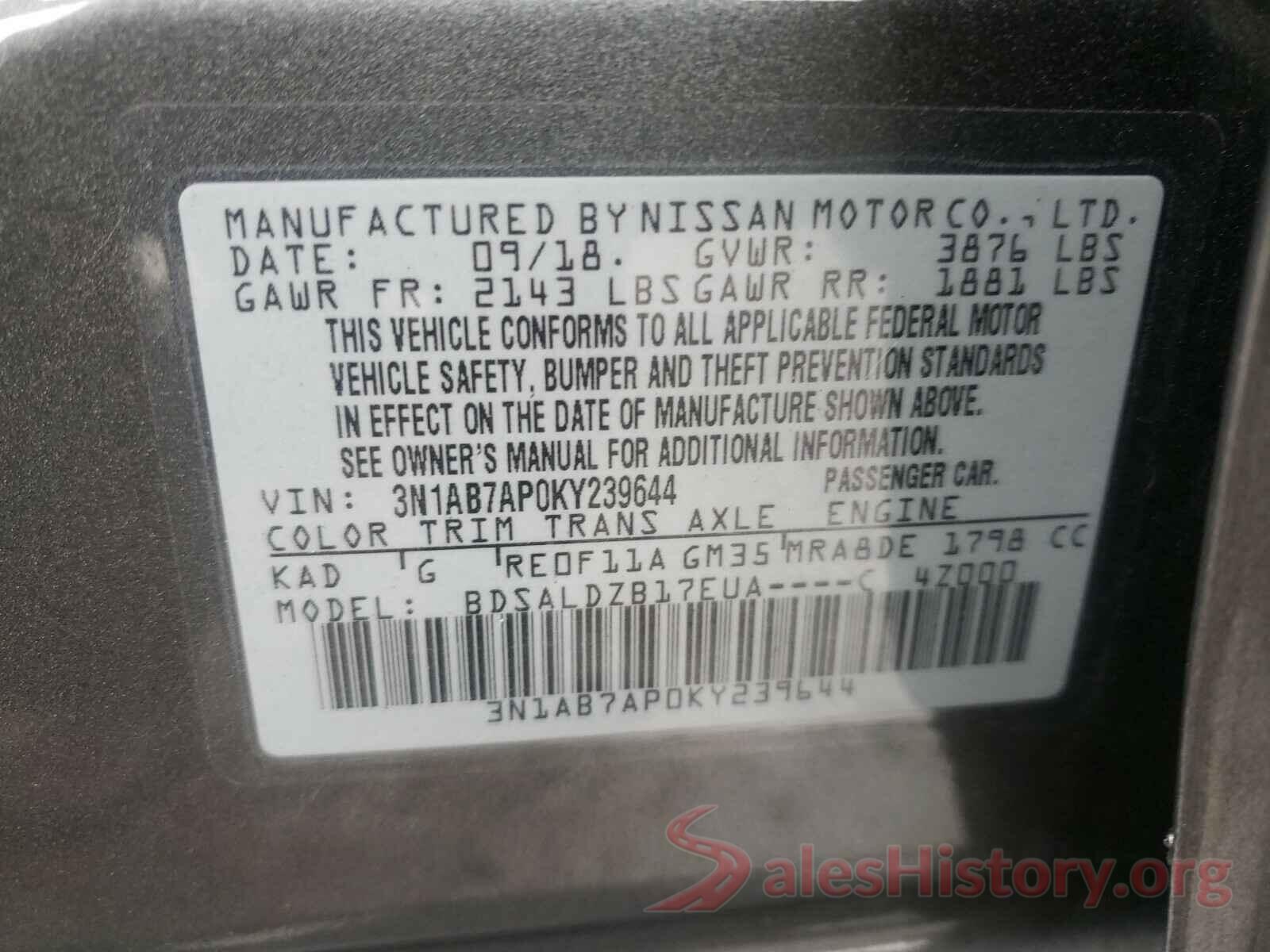 3N1AB7AP0KY239644 2019 NISSAN SENTRA