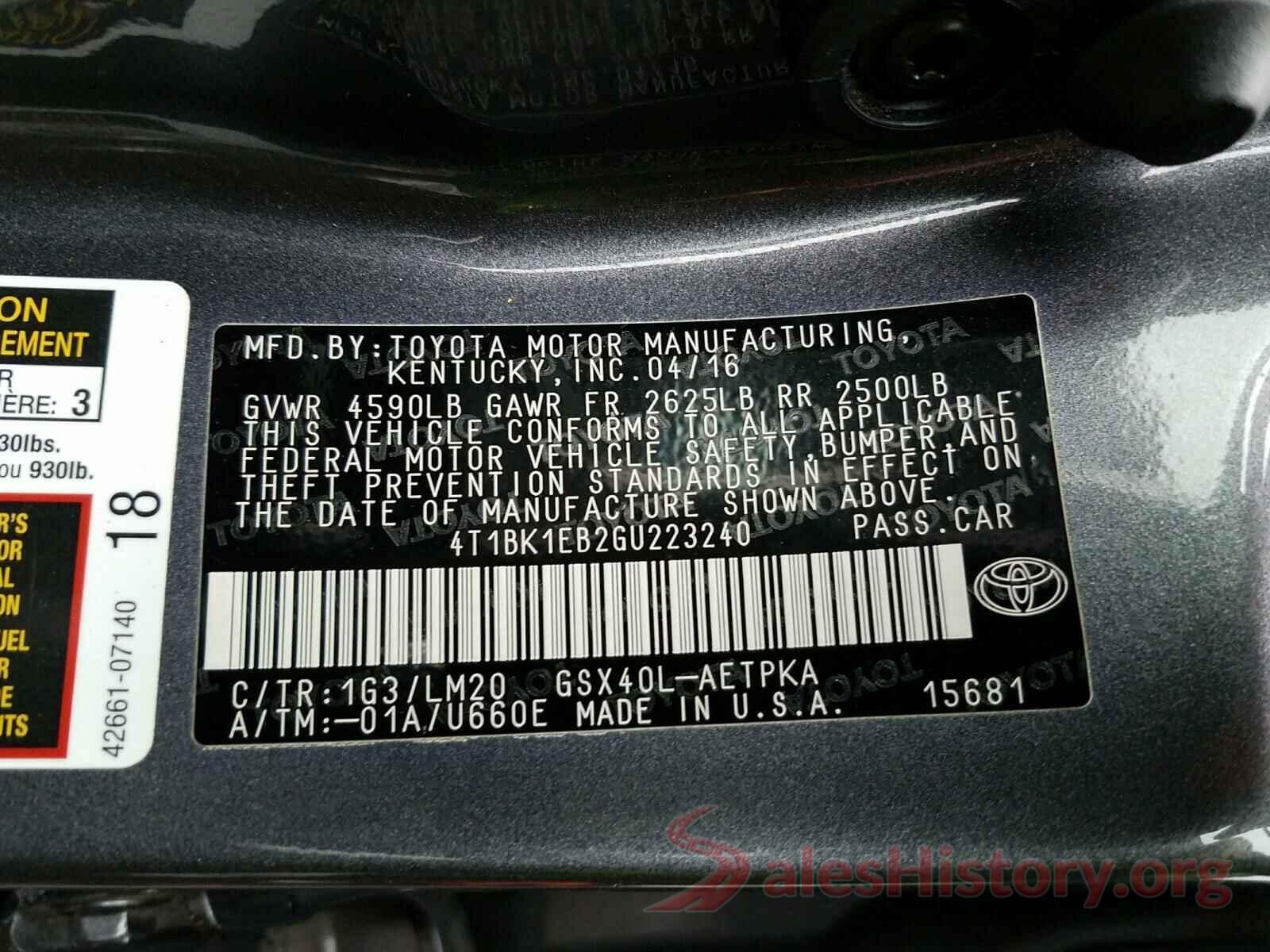 4T1BK1EB2GU223240 2016 TOYOTA AVALON