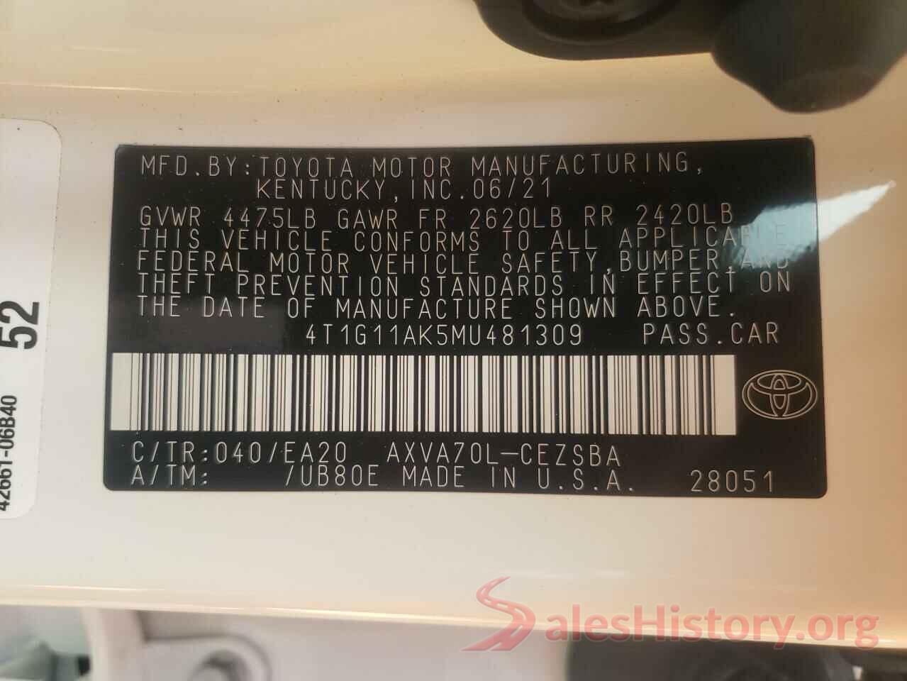 4T1G11AK5MU481309 2021 TOYOTA CAMRY