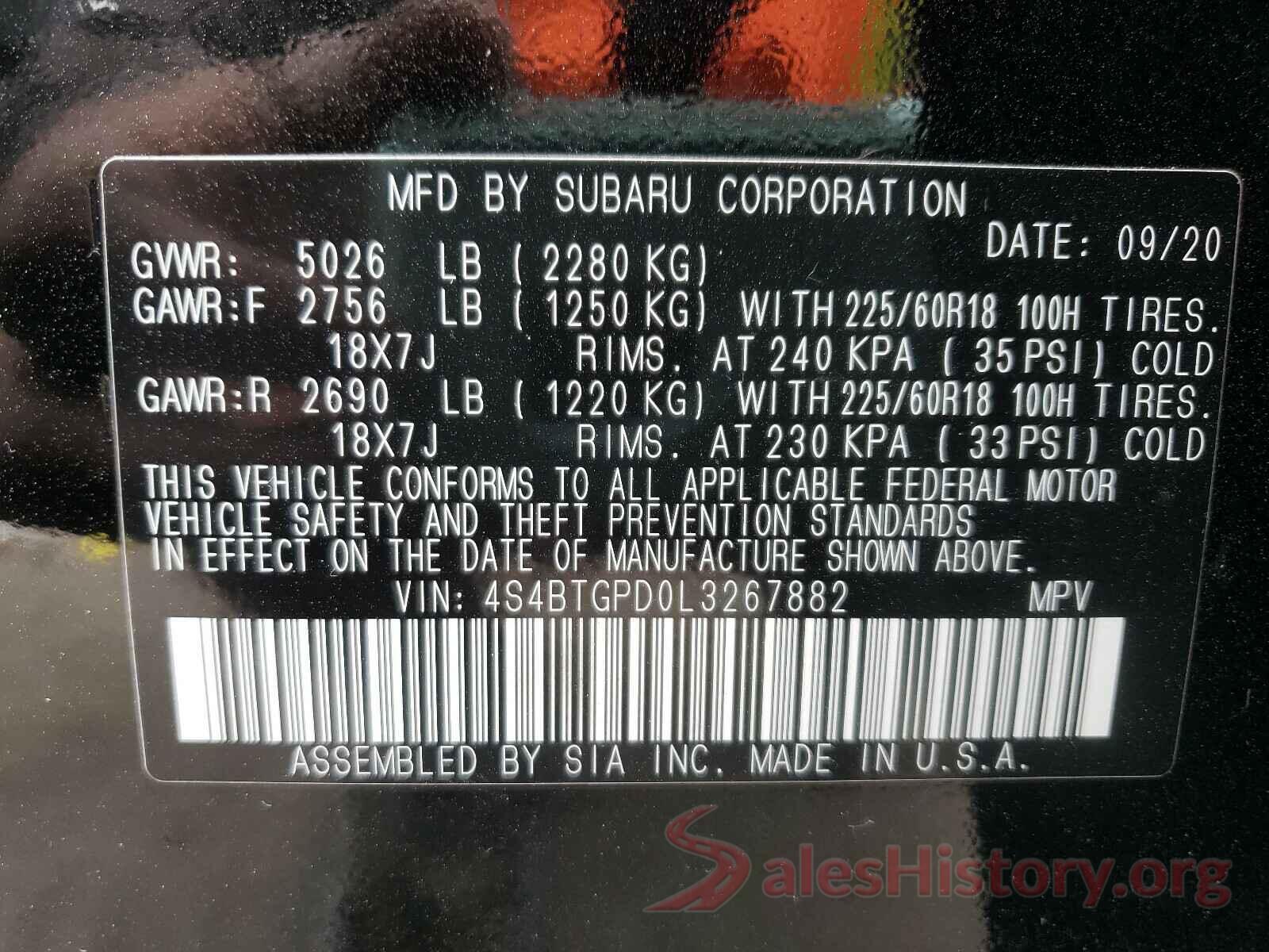 4S4BTGPD0L3267882 2020 SUBARU OUTBACK