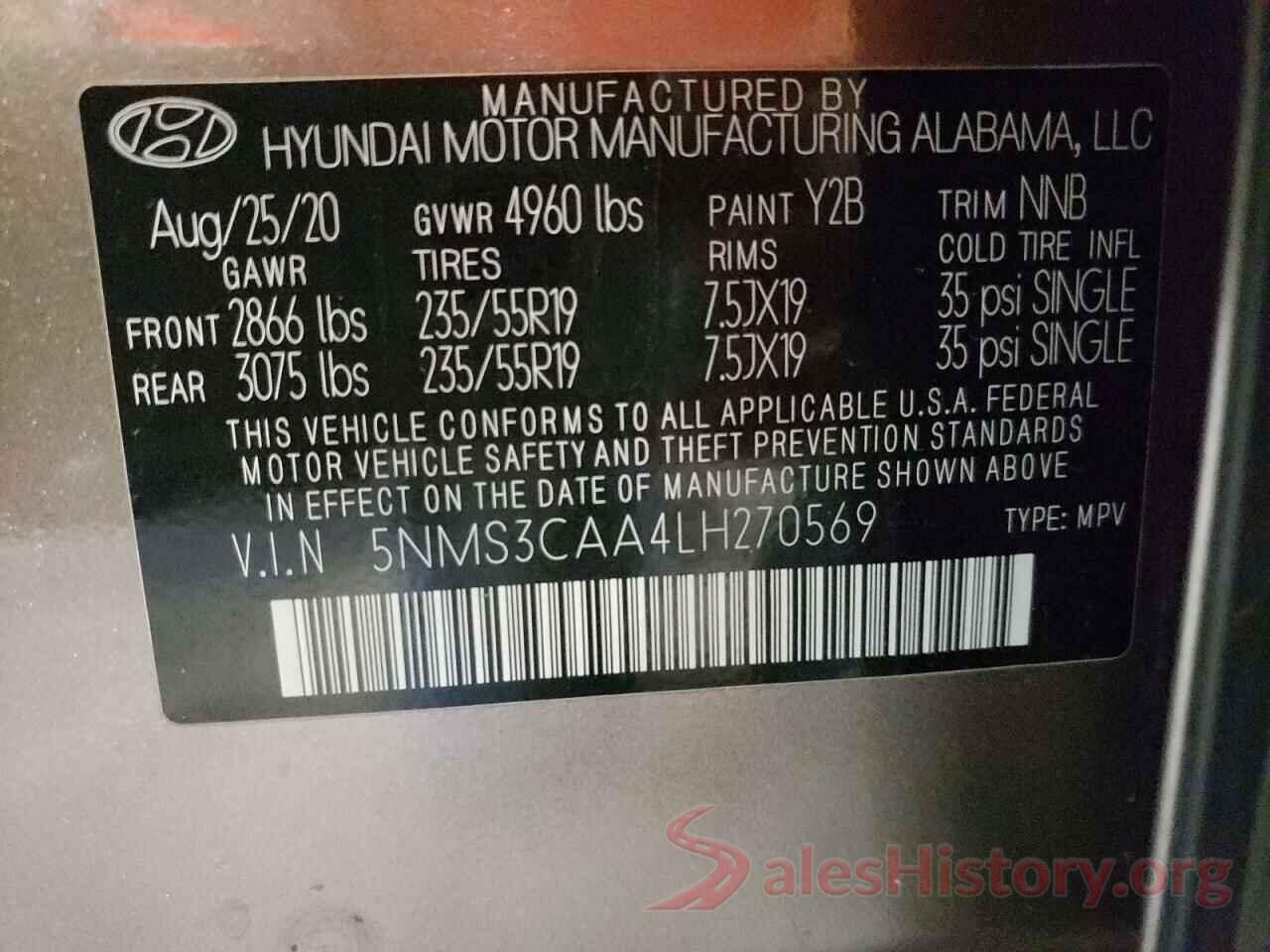 5NMS3CAA4LH270569 2020 HYUNDAI SANTA FE