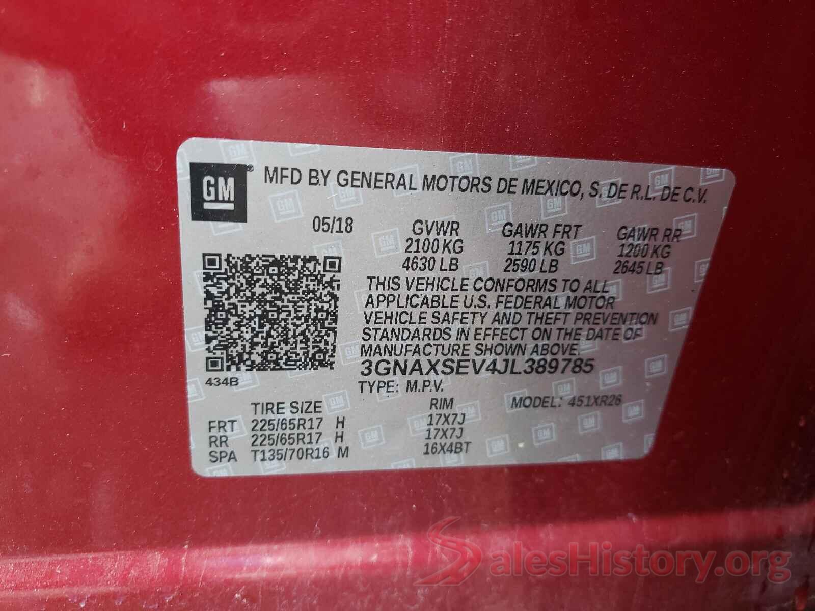 3GNAXSEV4JL389785 2018 CHEVROLET EQUINOX