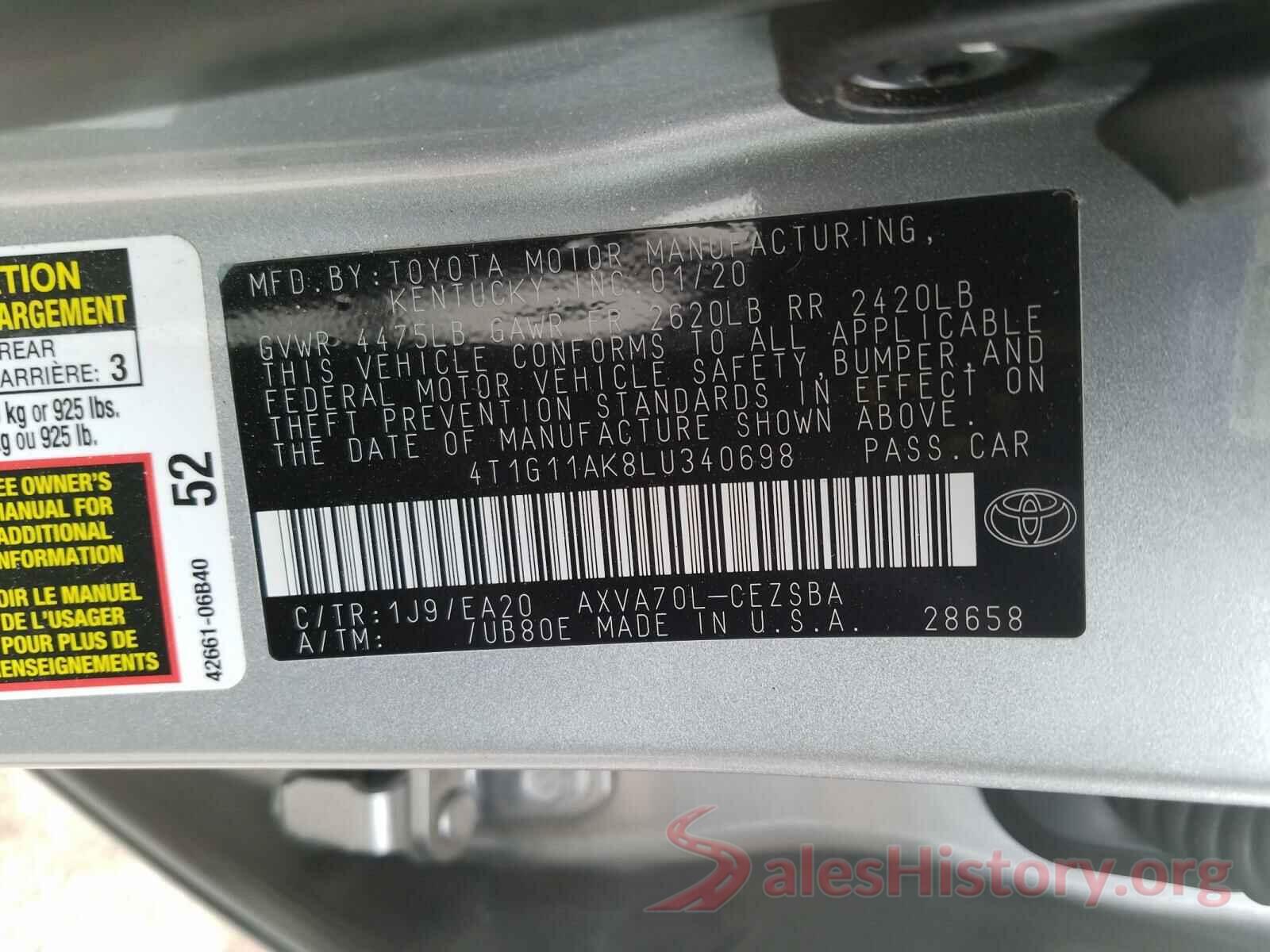 4T1G11AK8LU340698 2020 TOYOTA CAMRY