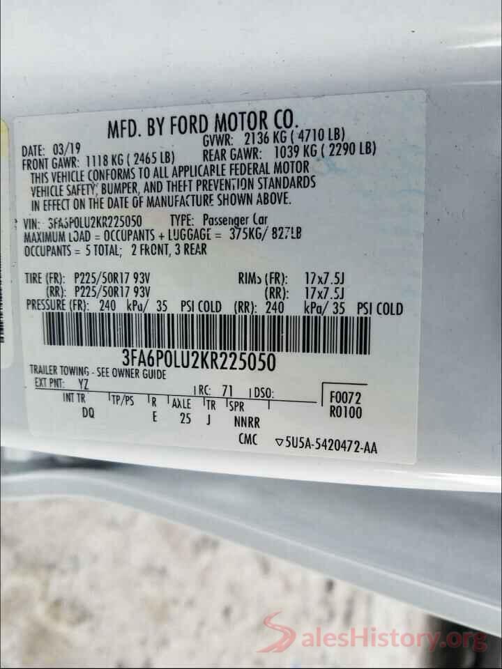 3FA6P0LU2KR225050 2019 FORD FUSION