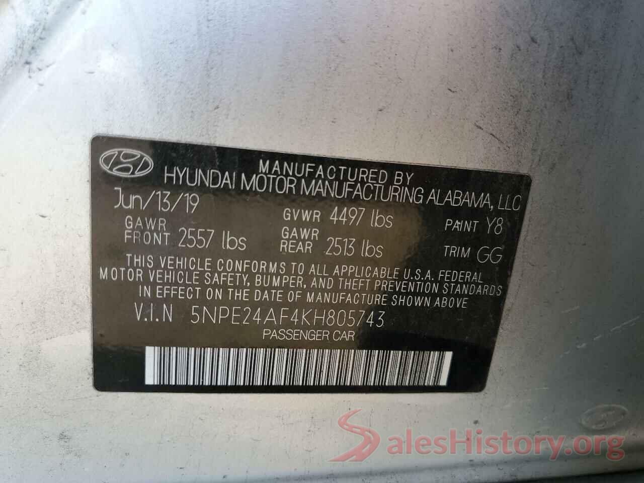 5NPE24AF4KH805743 2019 HYUNDAI SONATA