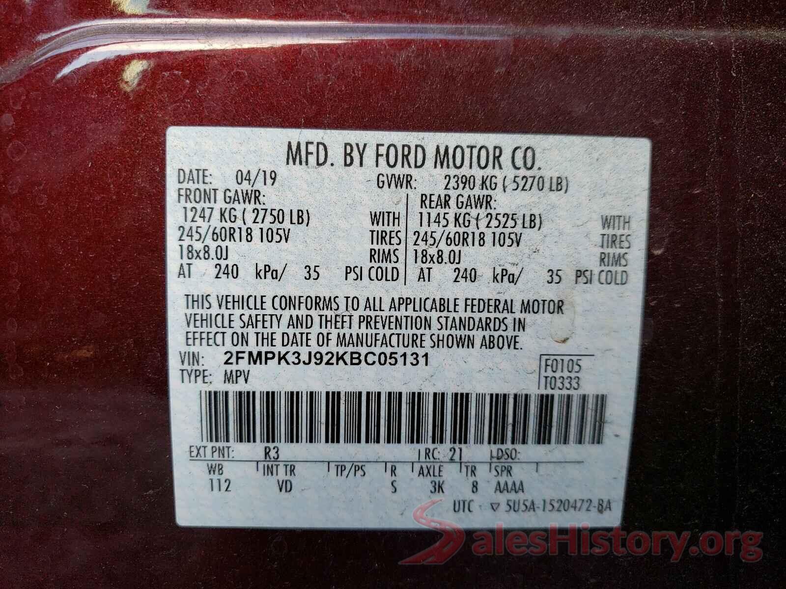 2FMPK3J92KBC05131 2019 FORD EDGE