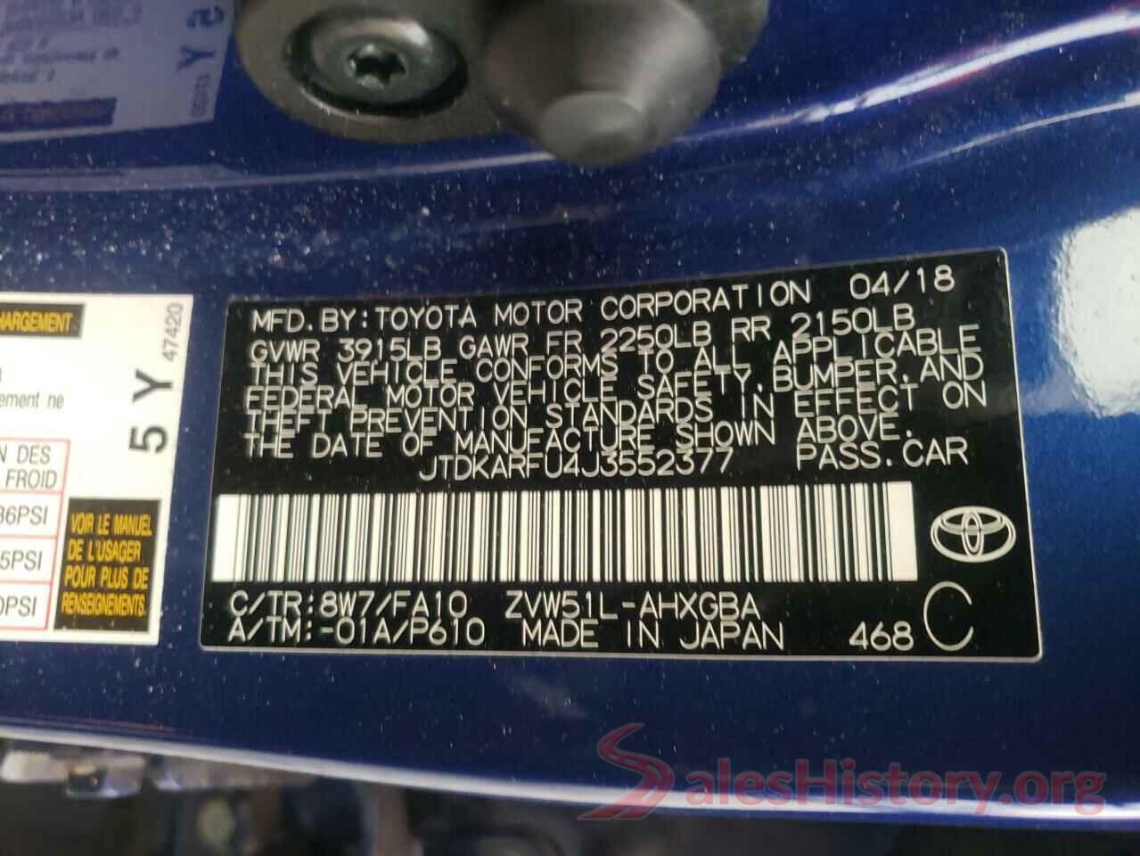 JTDKARFU4J3552377 2018 TOYOTA PRIUS