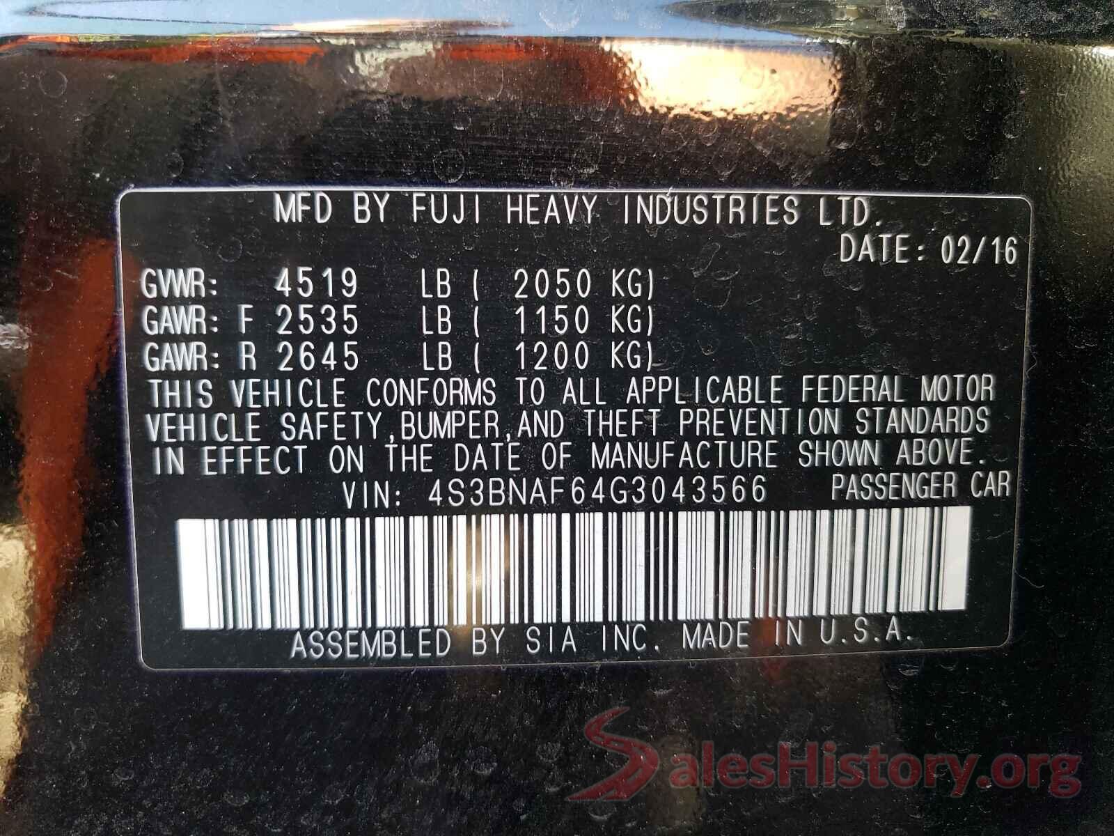 4S3BNAF64G3043566 2016 SUBARU LEGACY