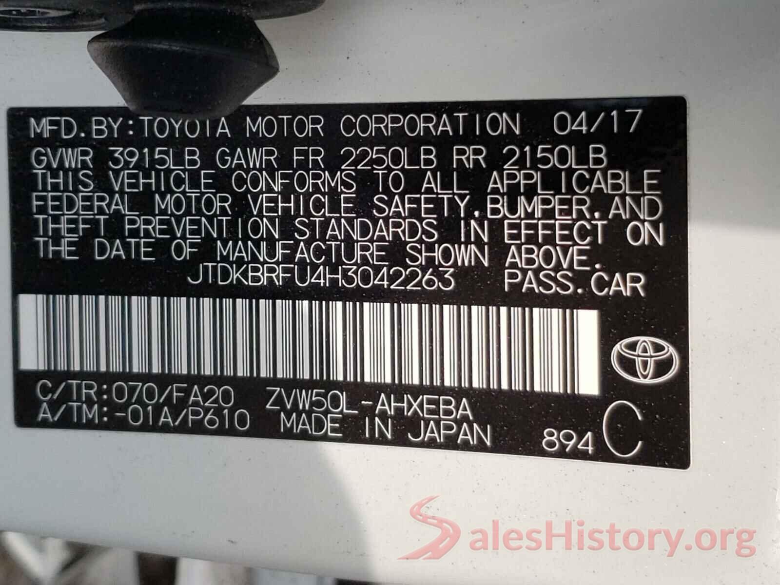 JTDKBRFU4H3042263 2017 TOYOTA PRIUS