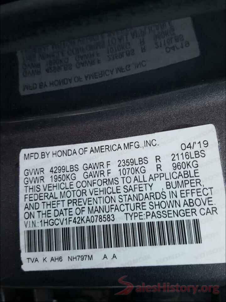 1HGCV1F42KA078583 2019 HONDA ACCORD