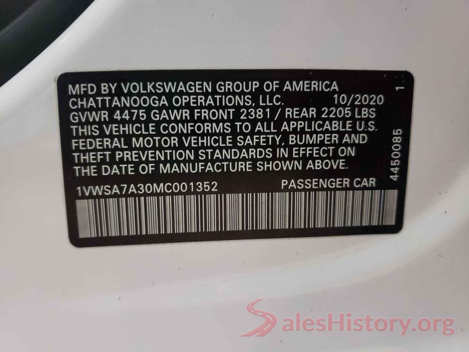 1VWSA7A30MC001352 2021 VOLKSWAGEN PASSAT