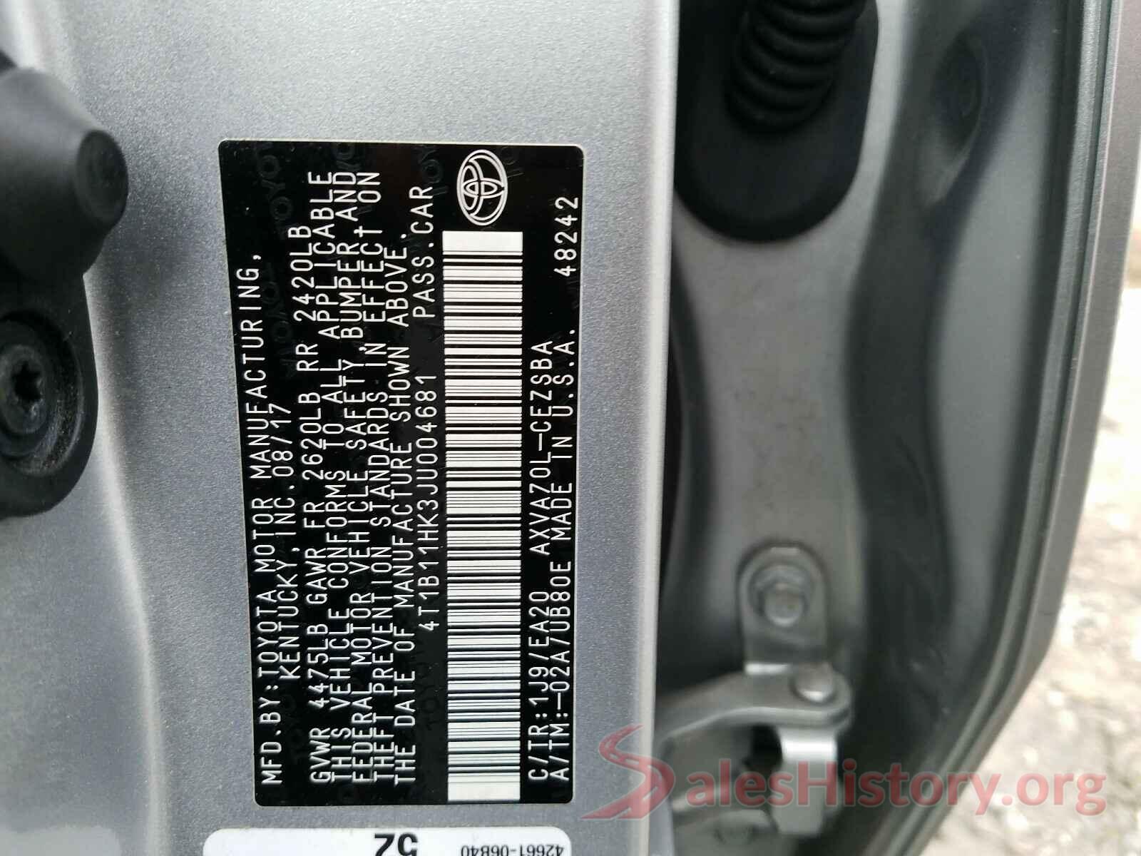 4T1B11HK3JU004681 2018 TOYOTA CAMRY