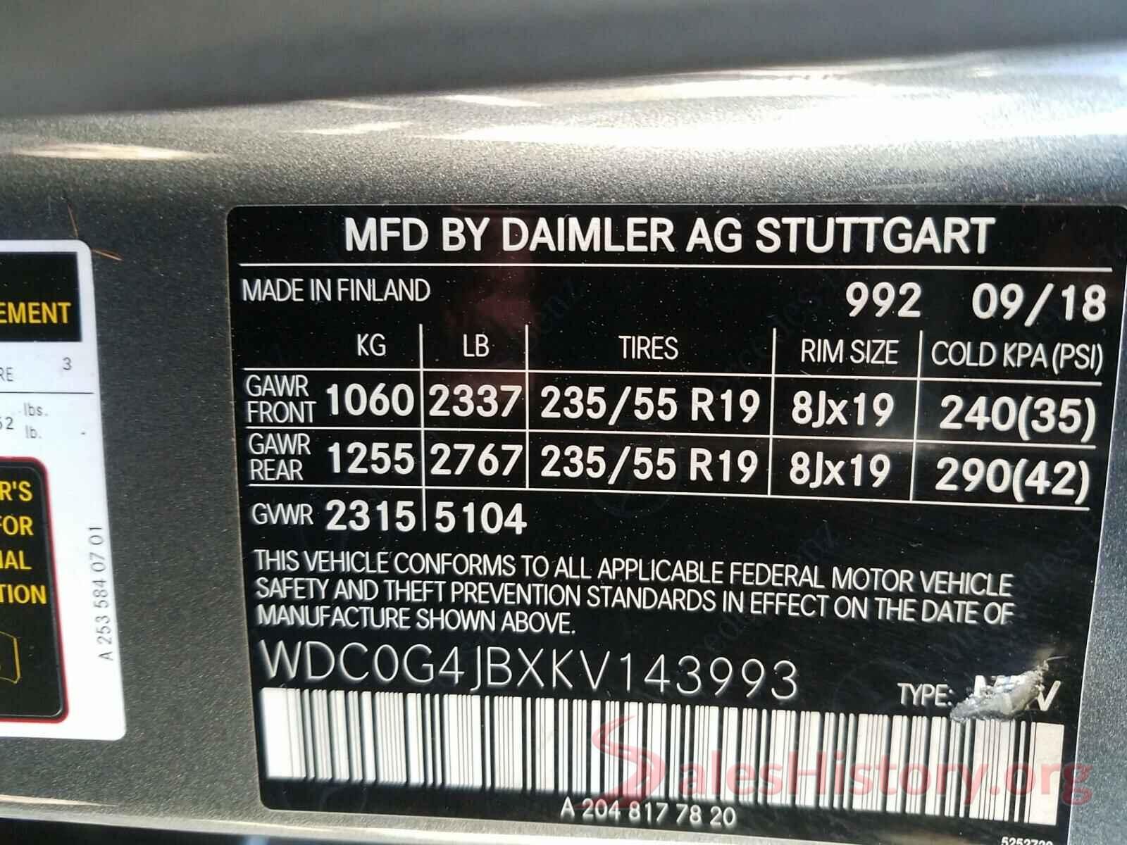 WDC0G4JBXKV143993 2019 MERCEDES-BENZ G CLASS