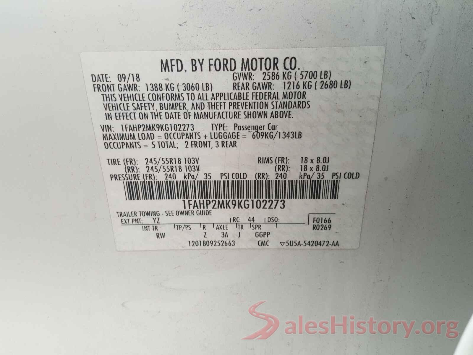 1FAHP2MK9KG102273 2019 FORD TAURUS