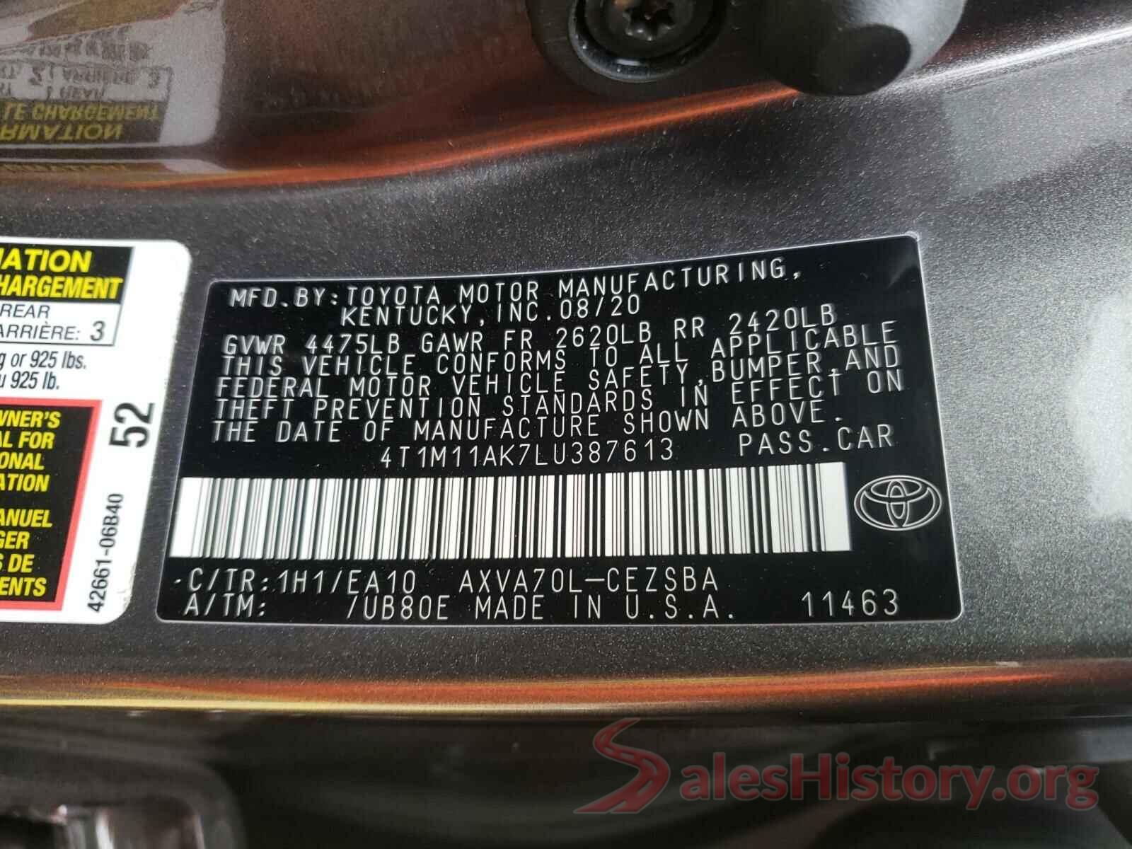 4T1M11AK7LU387613 2020 TOYOTA CAMRY