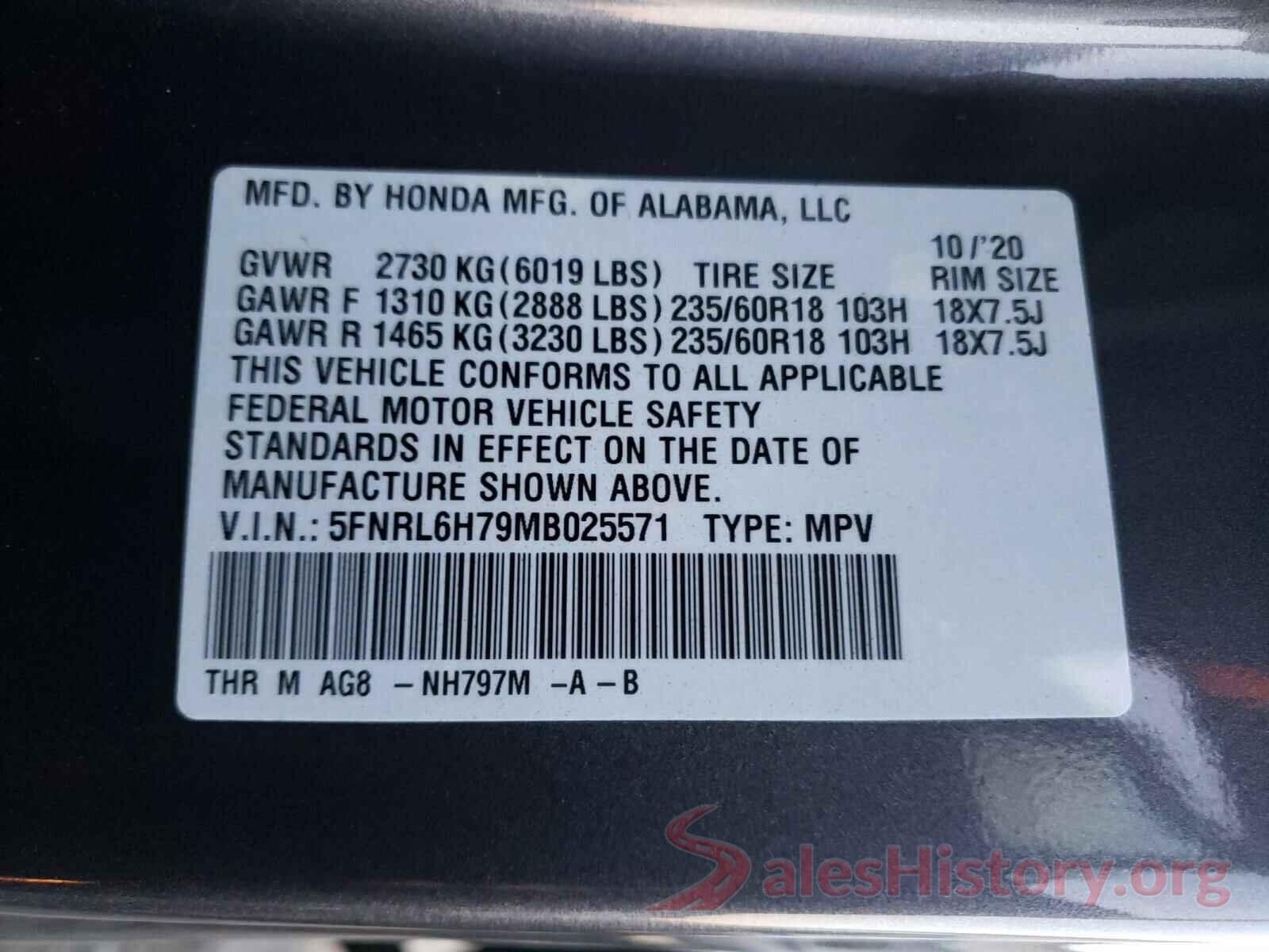 5FNRL6H79MB025571 2021 HONDA ODYSSEY