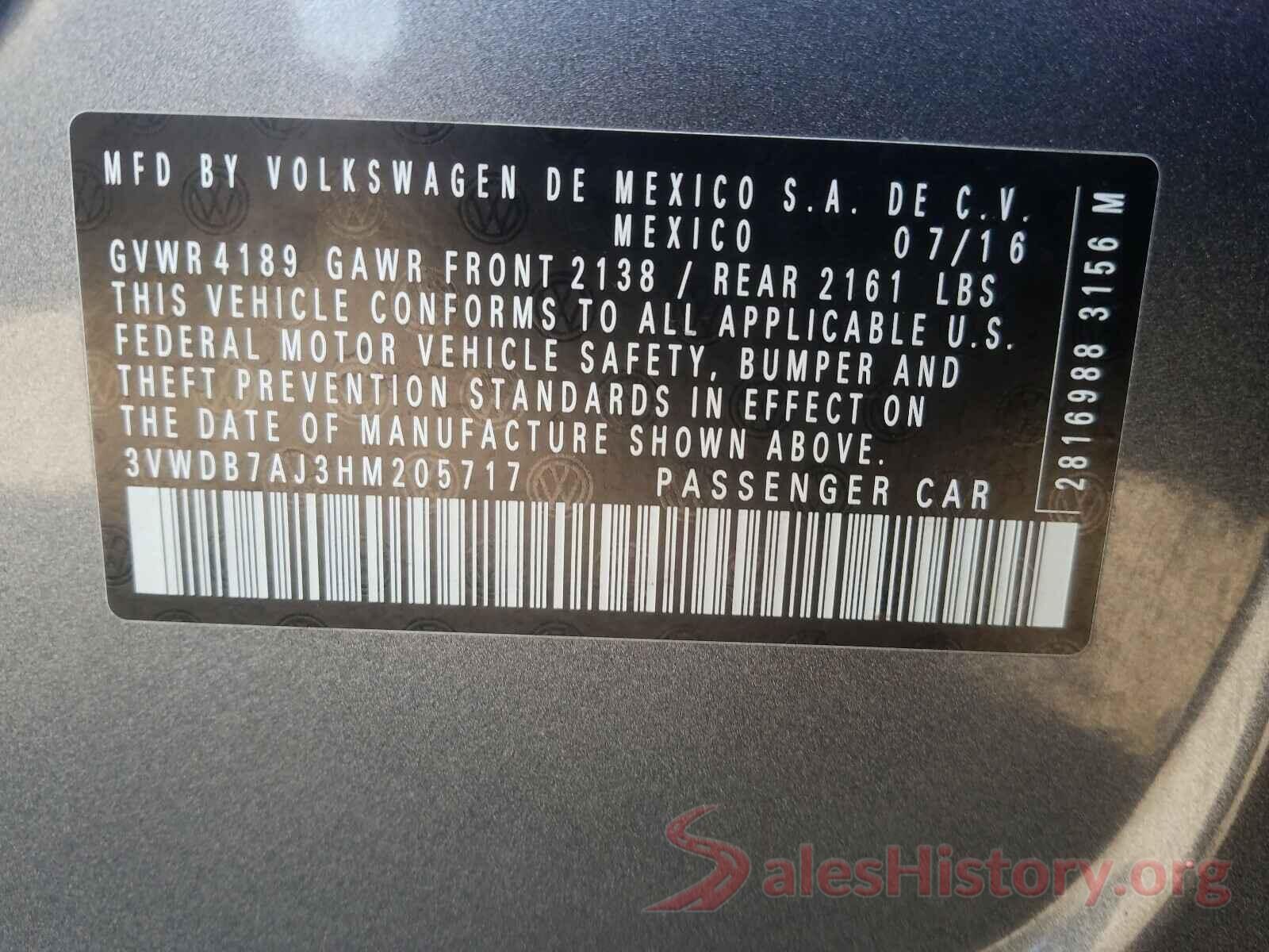 3VWDB7AJ3HM205717 2017 VOLKSWAGEN JETTA