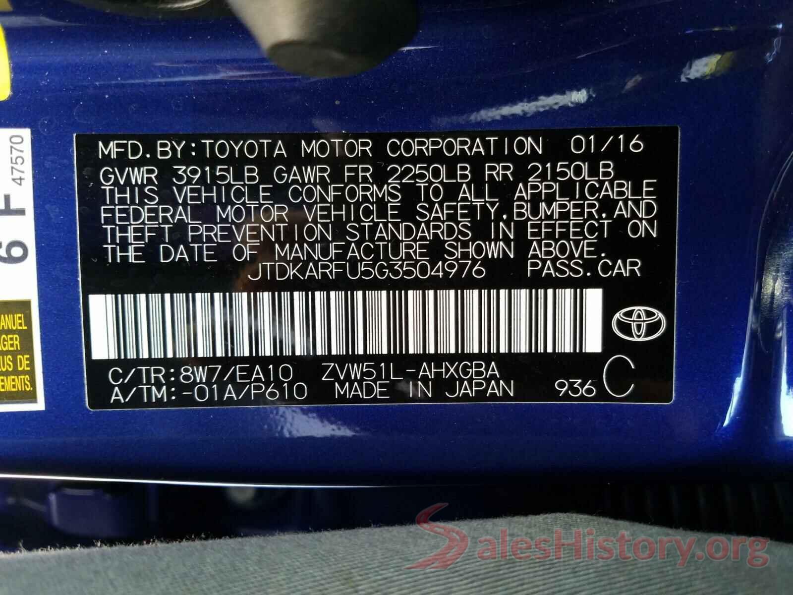 JTDKARFU5G3504976 2016 TOYOTA PRIUS