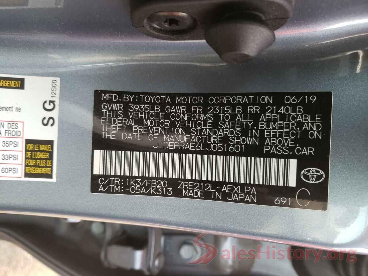 JTDEPRAE6LJ051601 2020 TOYOTA COROLLA