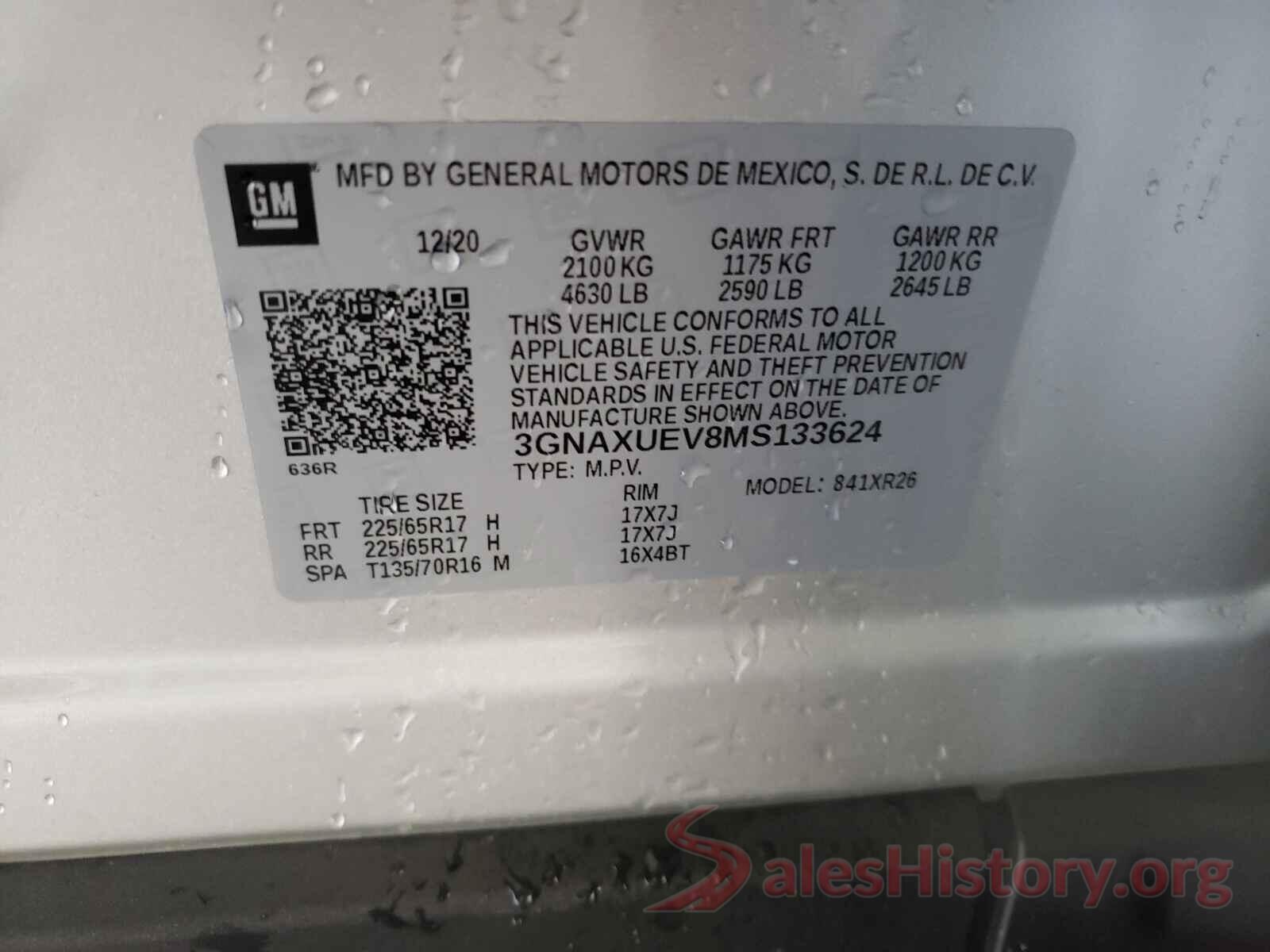 3GNAXUEV8MS133624 2021 CHEVROLET EQUINOX