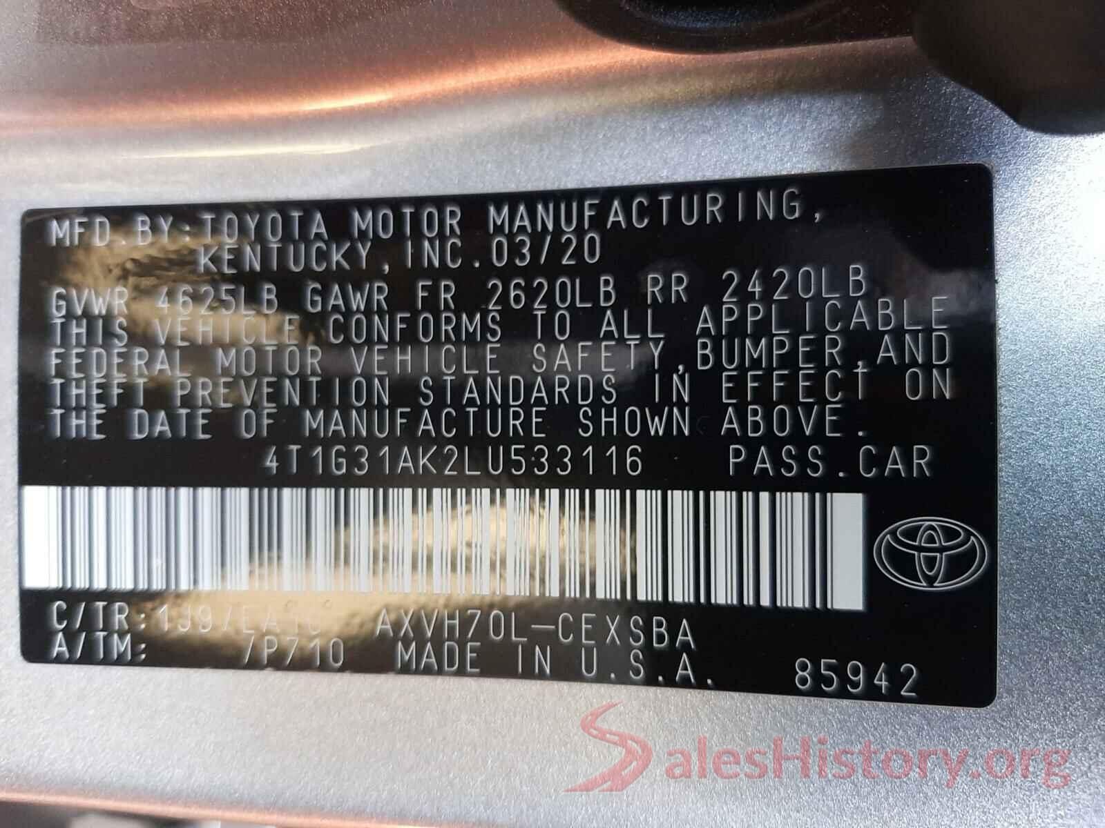 4T1G31AK2LU533116 2020 TOYOTA CAMRY