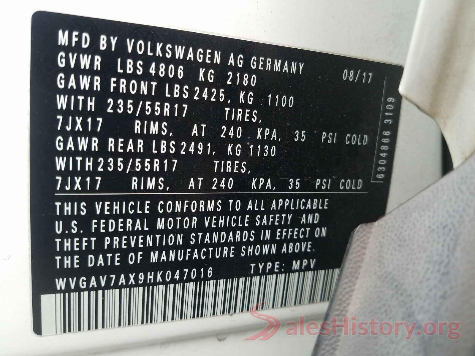 WVGAV7AX9HK047016 2017 VOLKSWAGEN TIGUAN