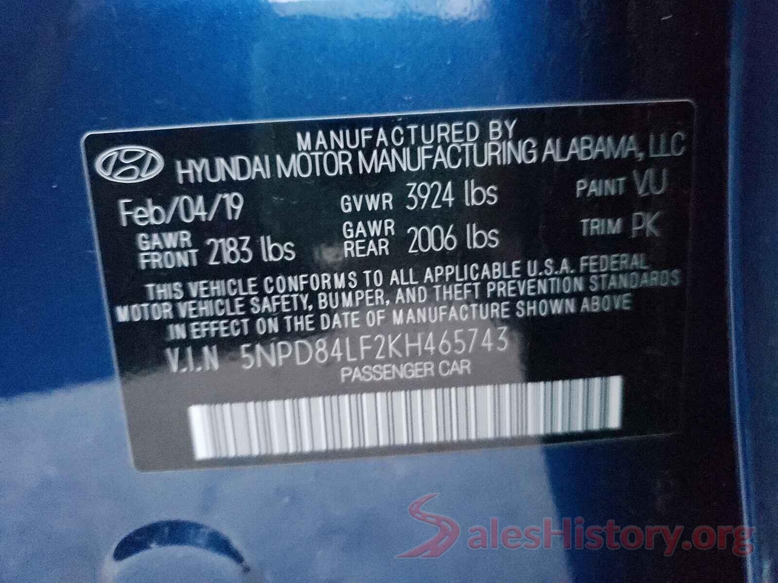 5NPD84LF2KH465743 2019 HYUNDAI ELANTRA