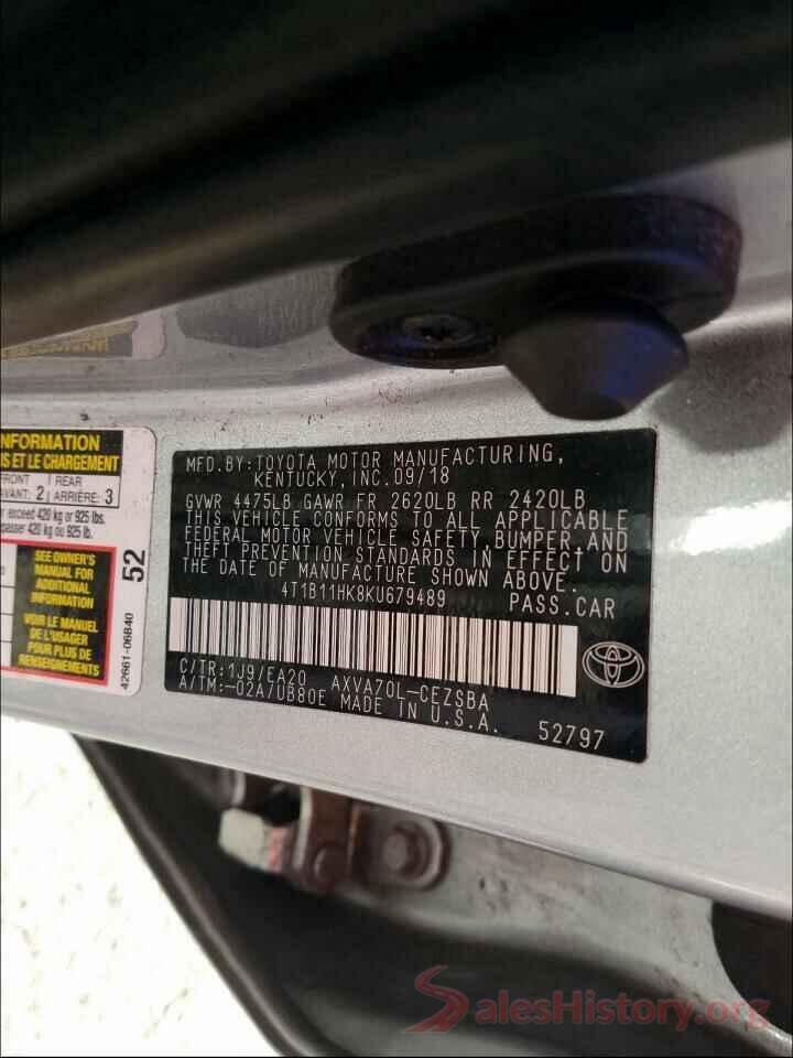 4T1B11HK8KU679489 2019 TOYOTA CAMRY