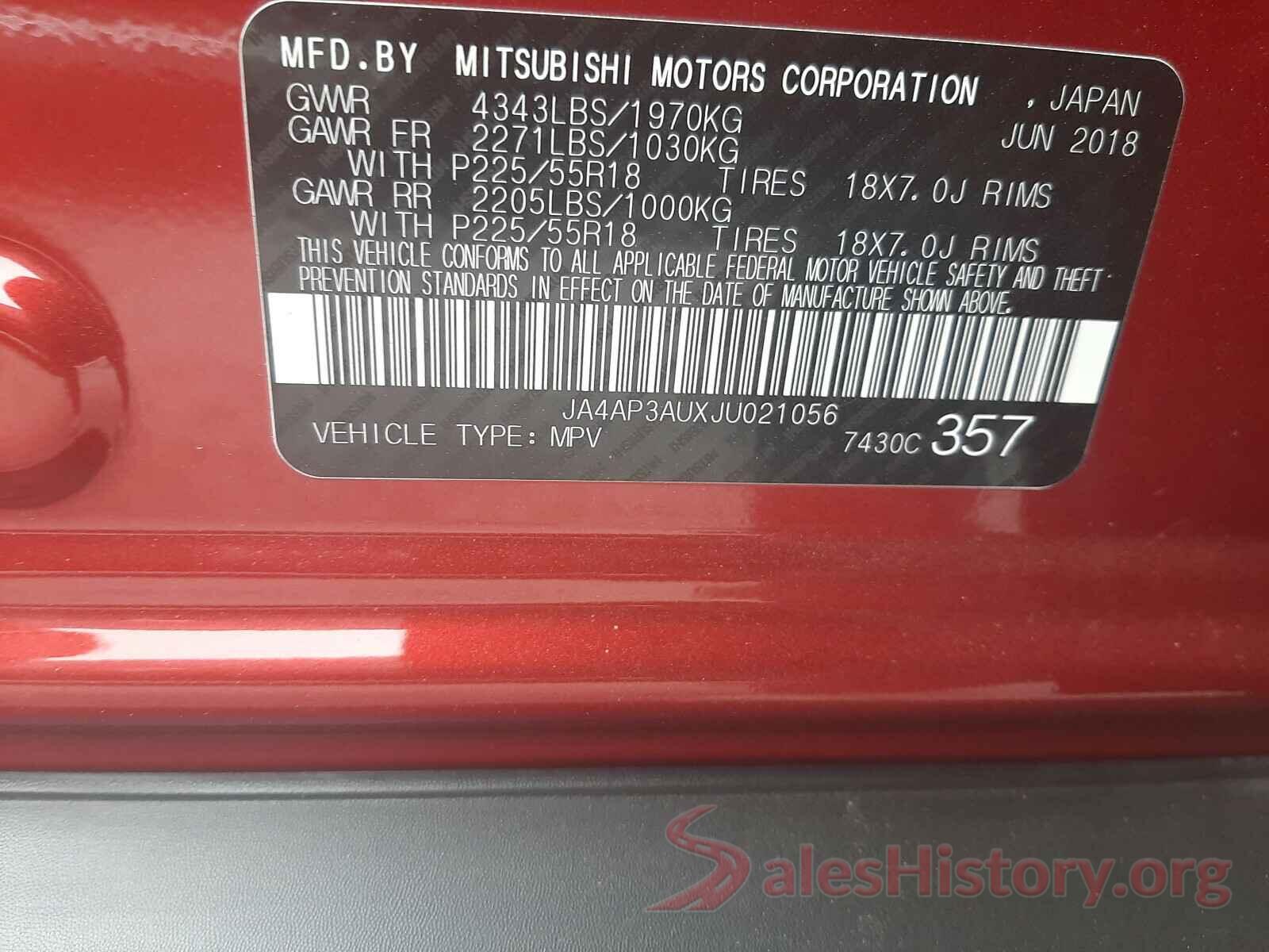 JA4AP3AUXJU021056 2018 MITSUBISHI OUTLANDER