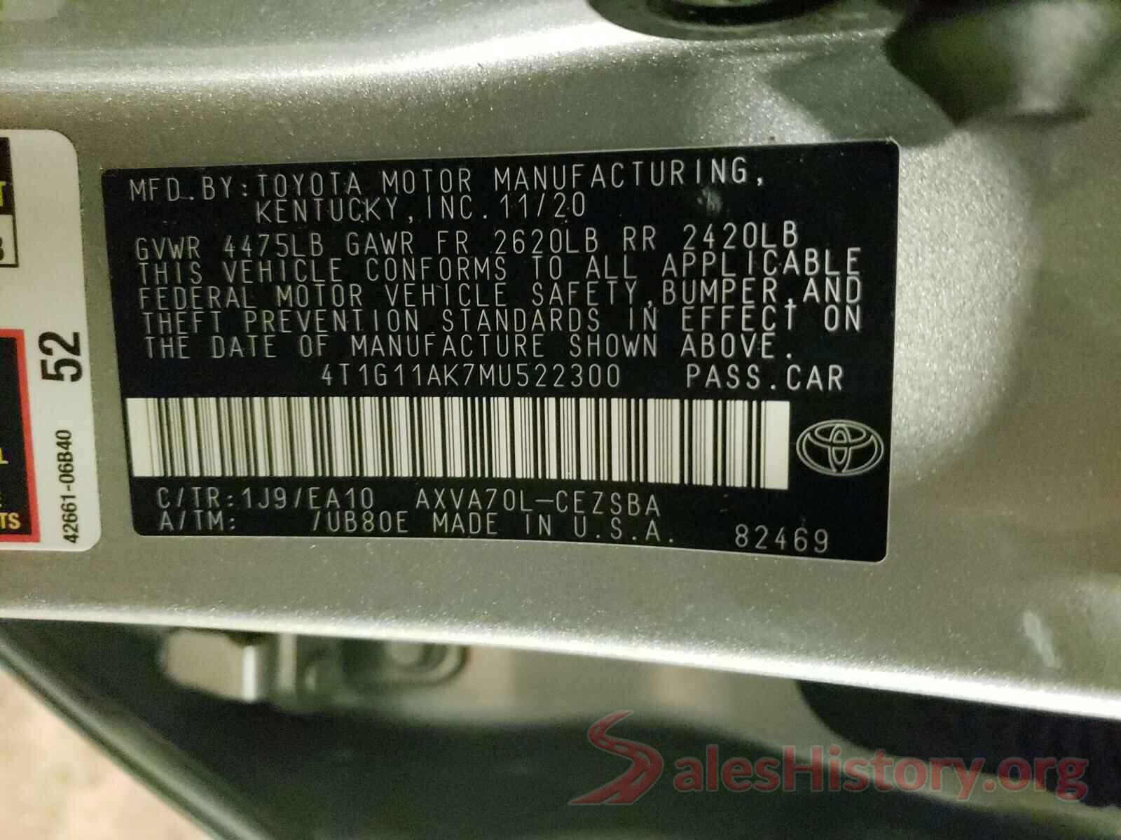 4T1G11AK7MU522300 2021 TOYOTA CAMRY