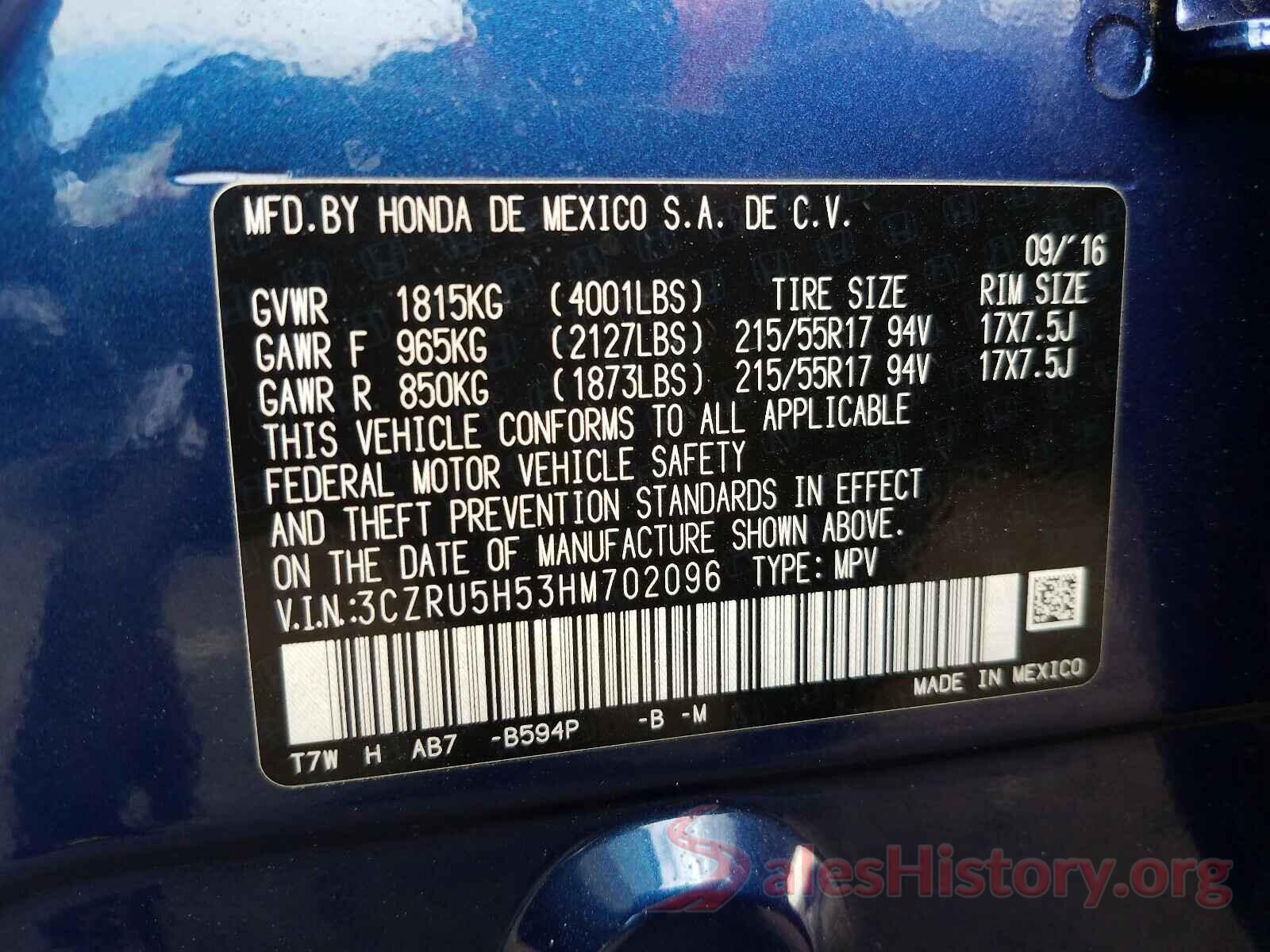 3CZRU5H53HM702096 2017 HONDA HR-V