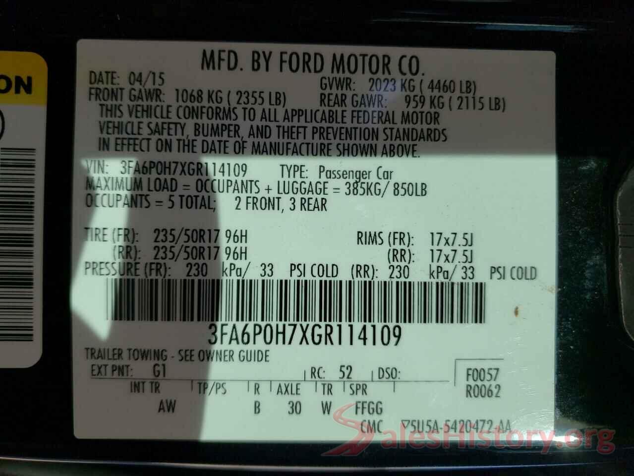 3FA6P0H7XGR114109 2016 FORD FUSION