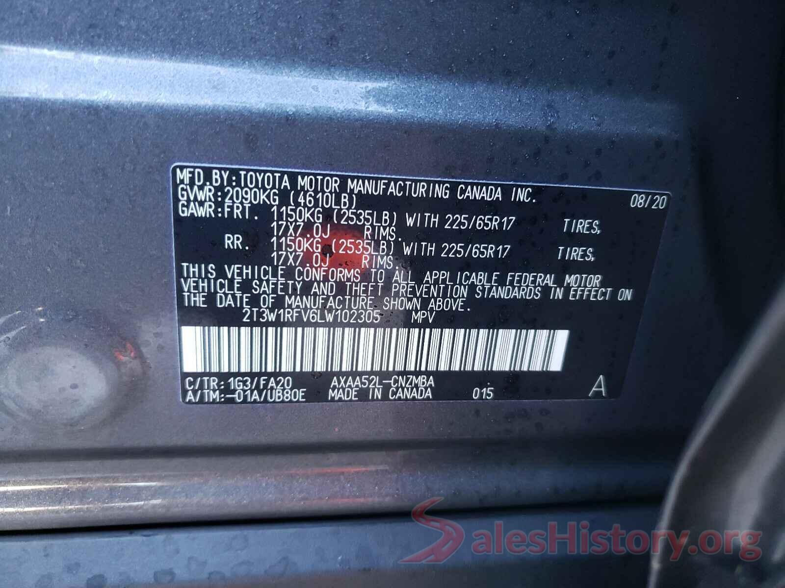 2T3W1RFV6LW102305 2020 TOYOTA RAV4