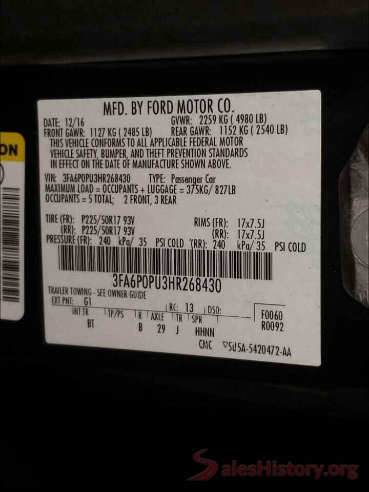 3FA6P0PU3HR268430 2017 FORD FUSION