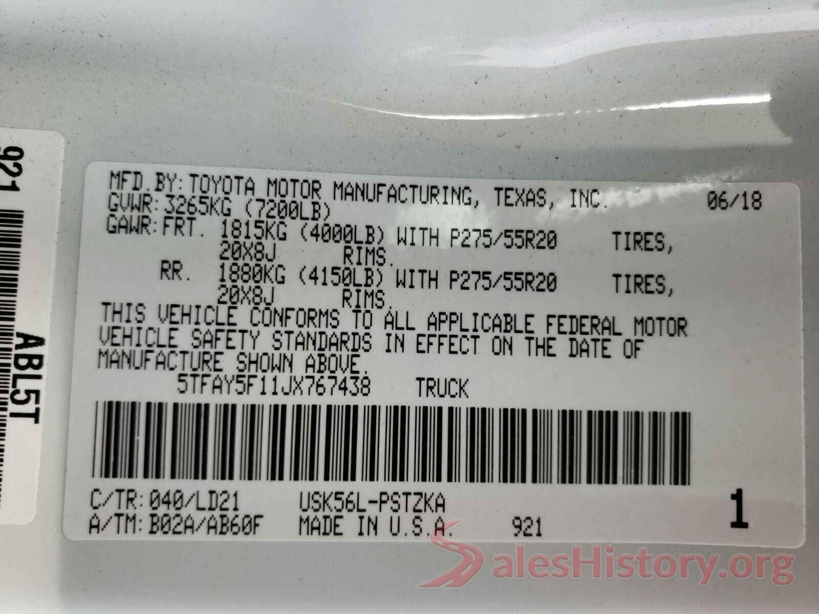 5TFAY5F11JX767438 2018 TOYOTA TUNDRA