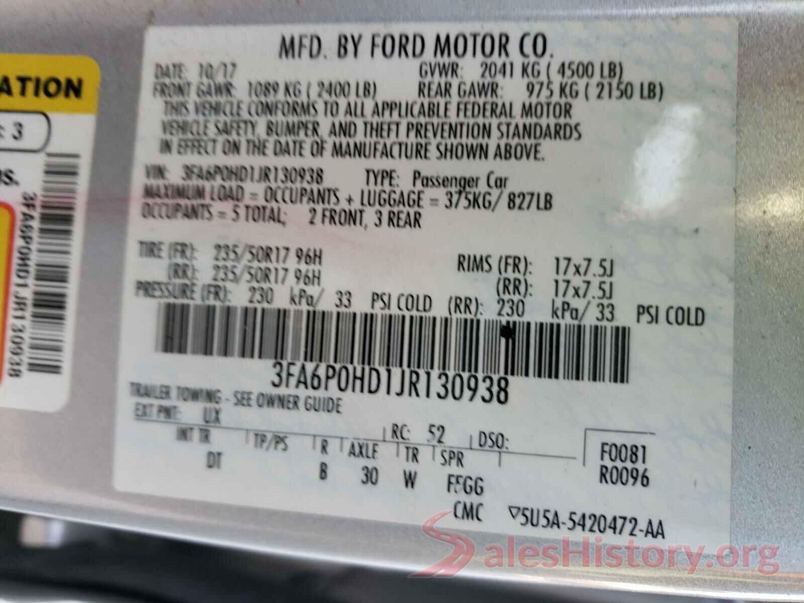 3FA6P0HD1JR130938 2018 FORD FUSION