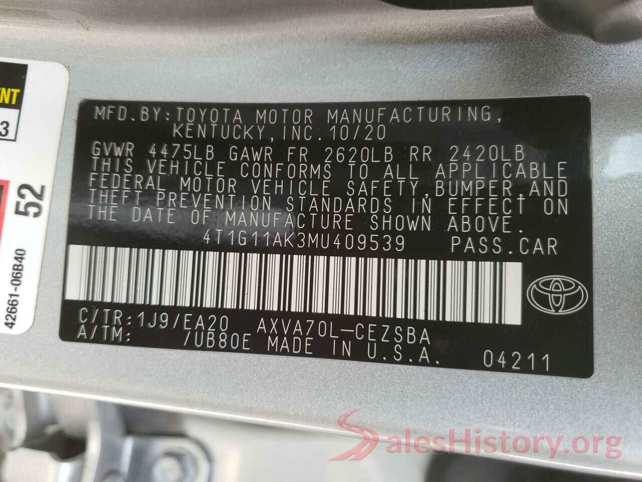 4T1G11AK3MU409539 2021 TOYOTA CAMRY